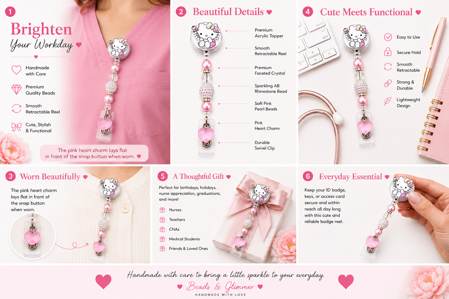 Glitter Kitty Pink Heart Wand Beaded Badge Reel - Handmade Retractable ID Badge Holder
