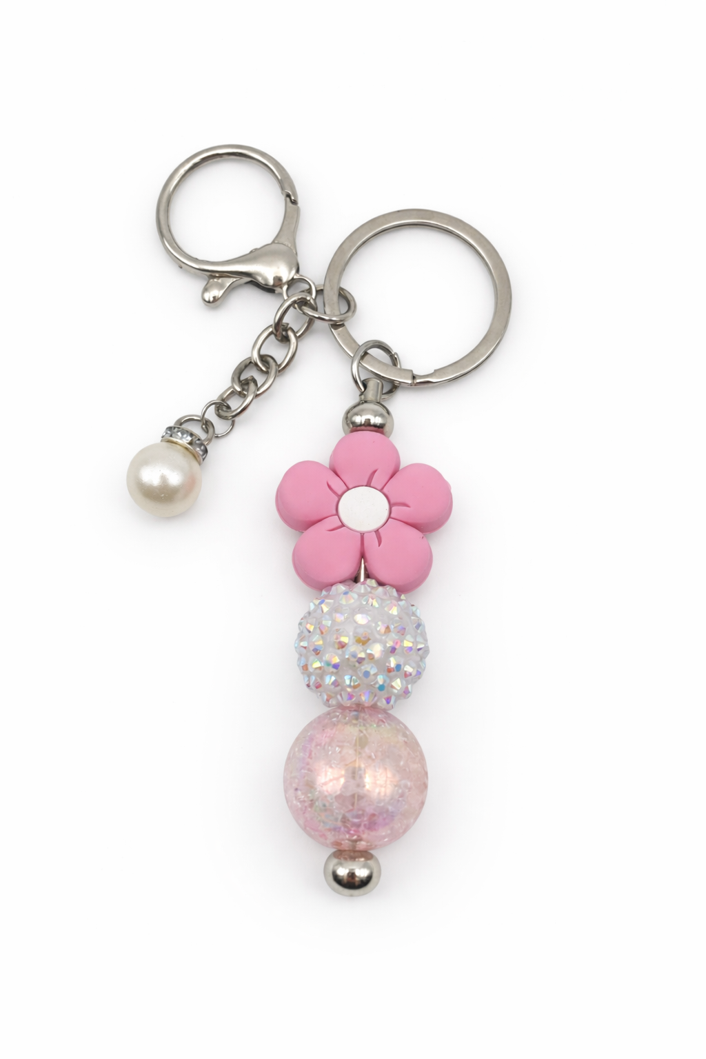 Pink Daisy Beaded Keychain with Iridescent & Crackle Bead