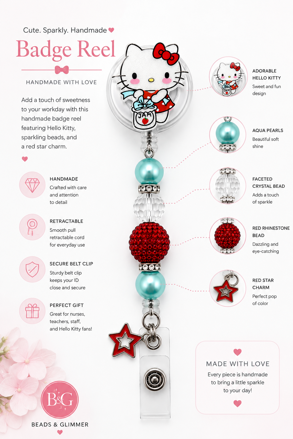 Kitty Jam Badge Reel – Red Rhinestone Bead & Aqua Pearls - Handmade ID Holder