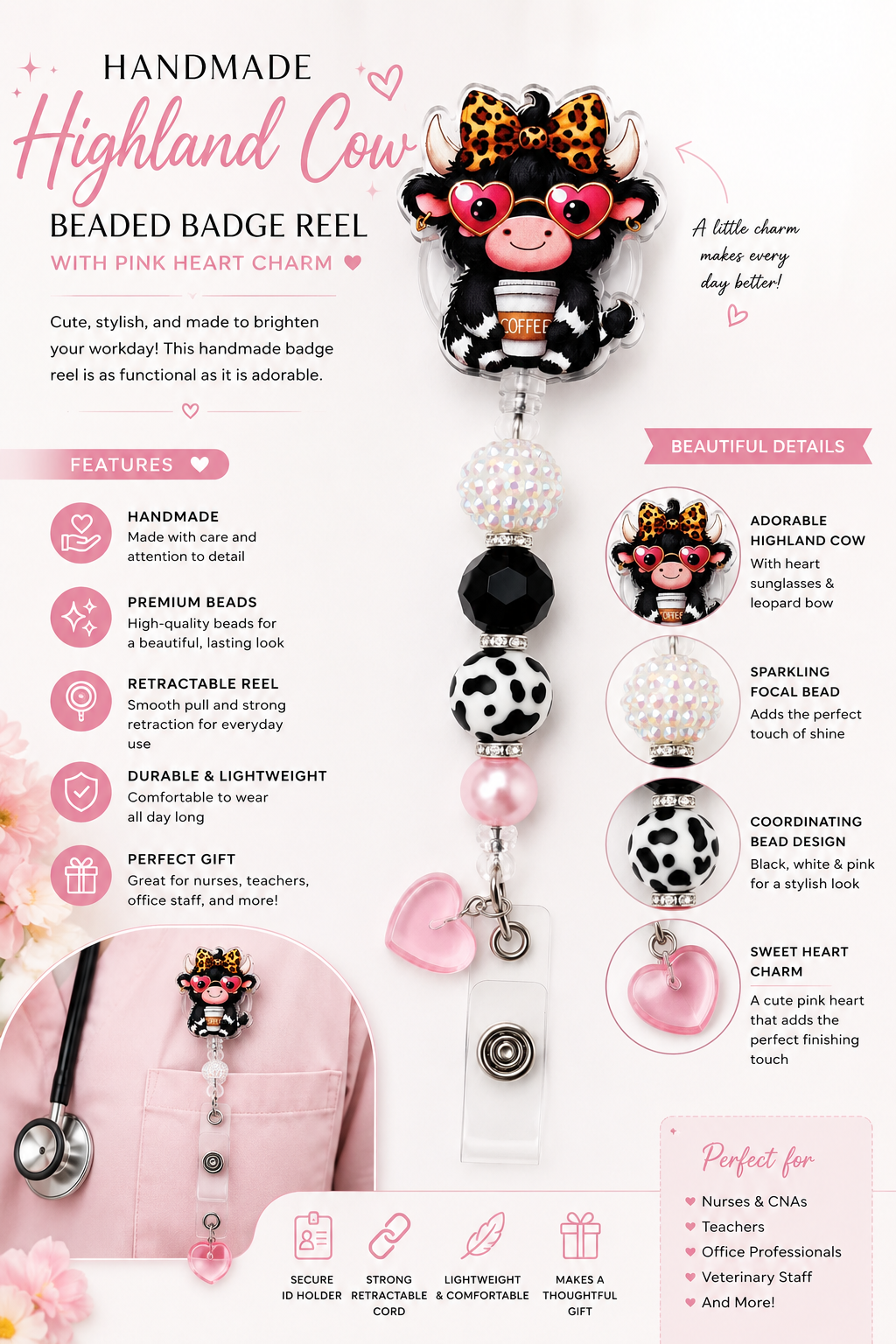 Highland Cow Beaded Badge Reel with Pink Heart Charm