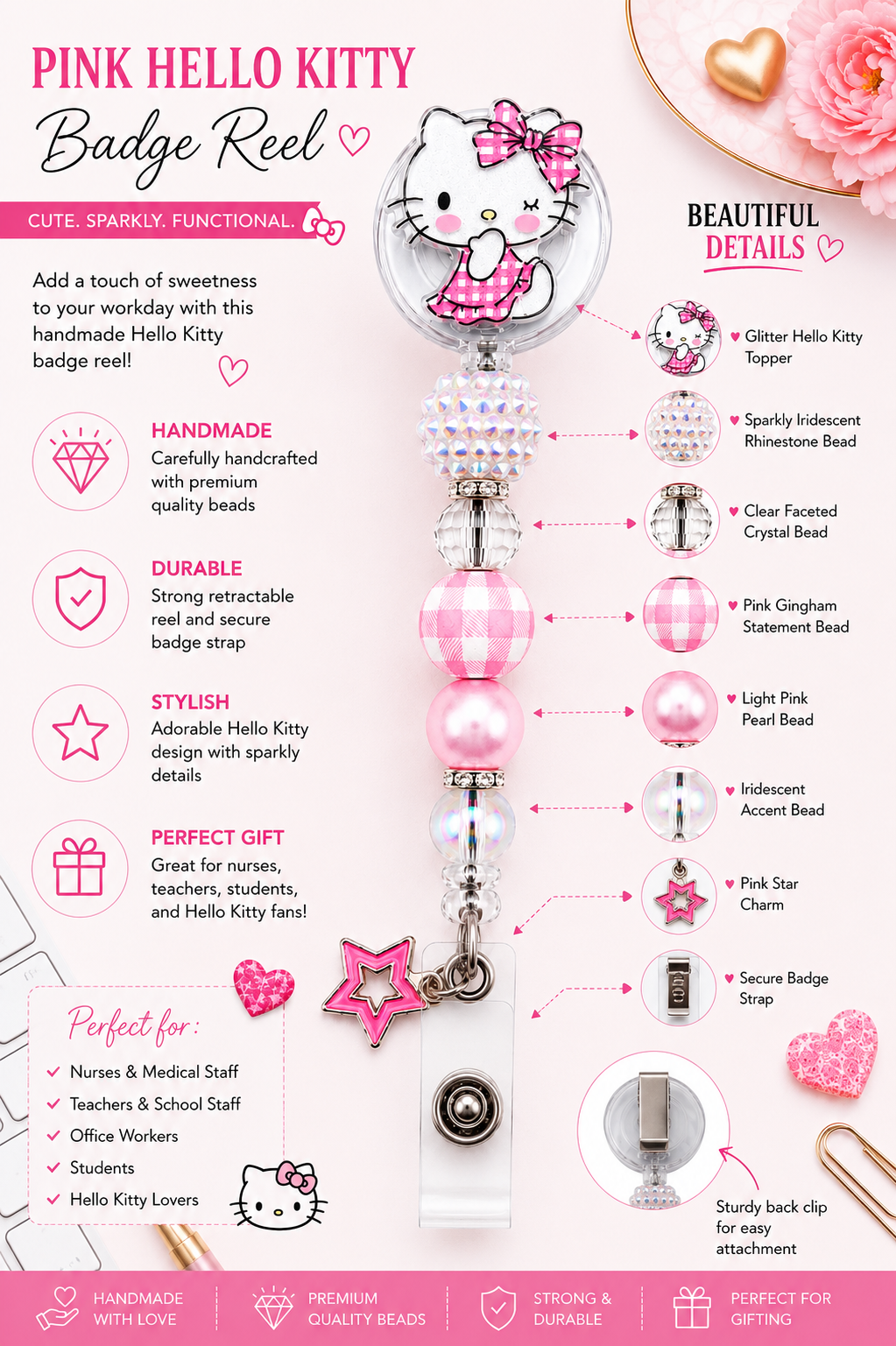 Pink Gingham Hello Kitty Badge Reel – Handmade Beaded Retractable ID Holder