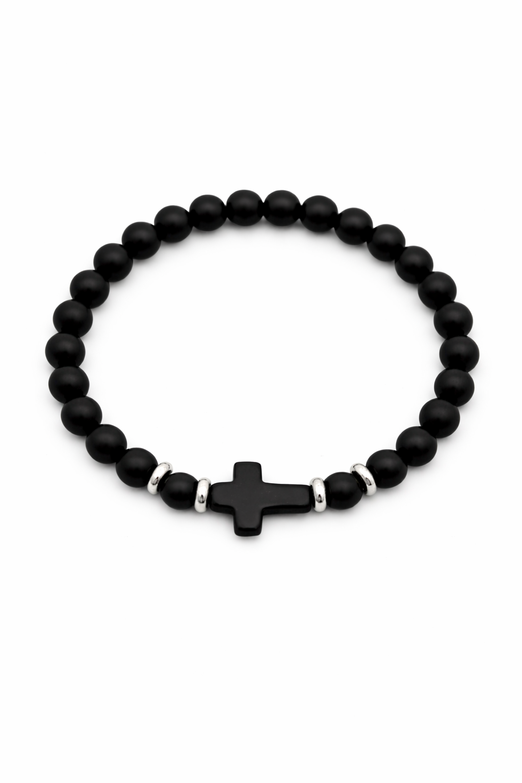 Black Onyx with Matte Black Cross - 6mm Stretch Beaded Bracelet