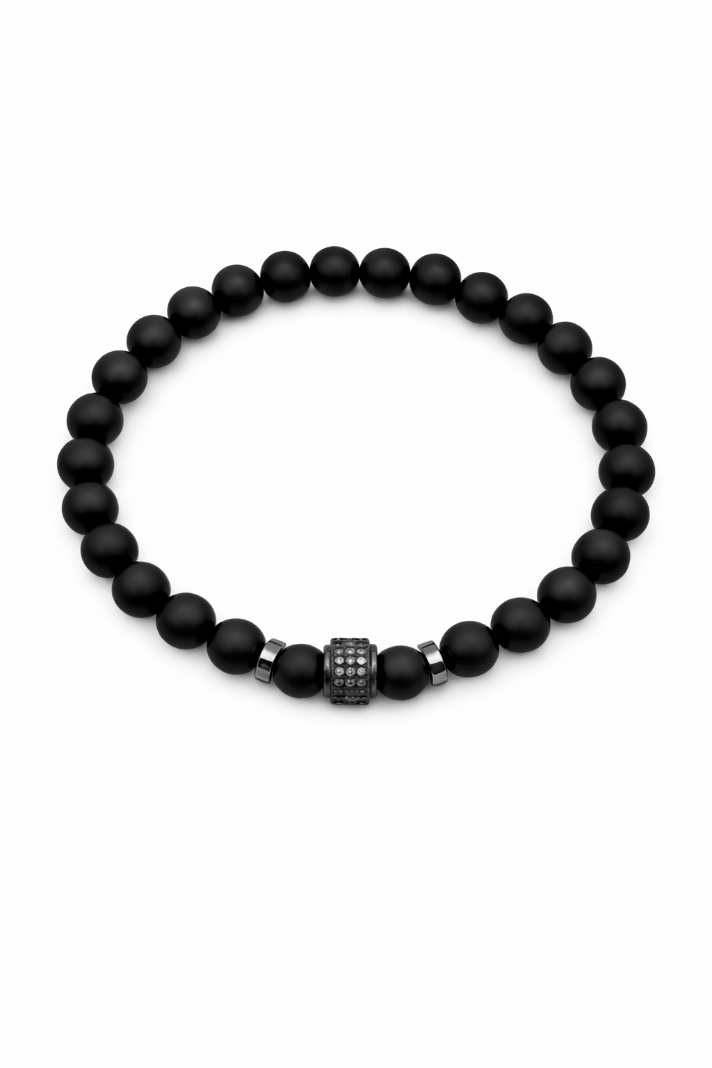 Matte Black Onyx with Gunmetal CZ Accent – 8mm Beaded Stretch Bracelet