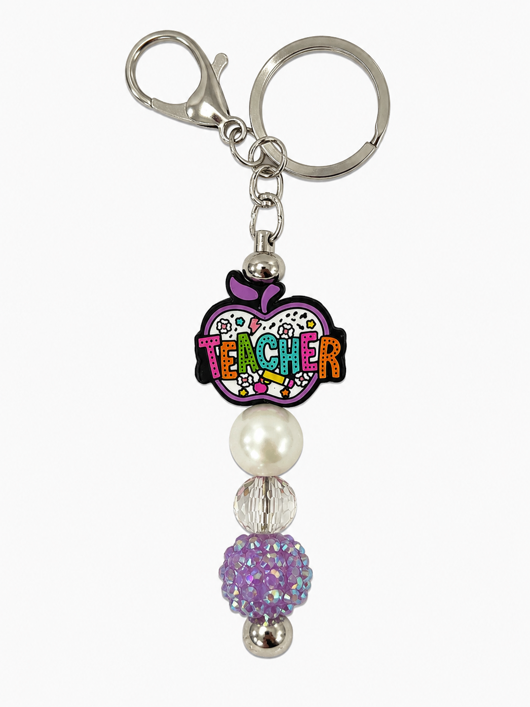 Teacher Apple Keychain Bag Charm - Purple Rhinestone Beaded Teacher Gift Charm