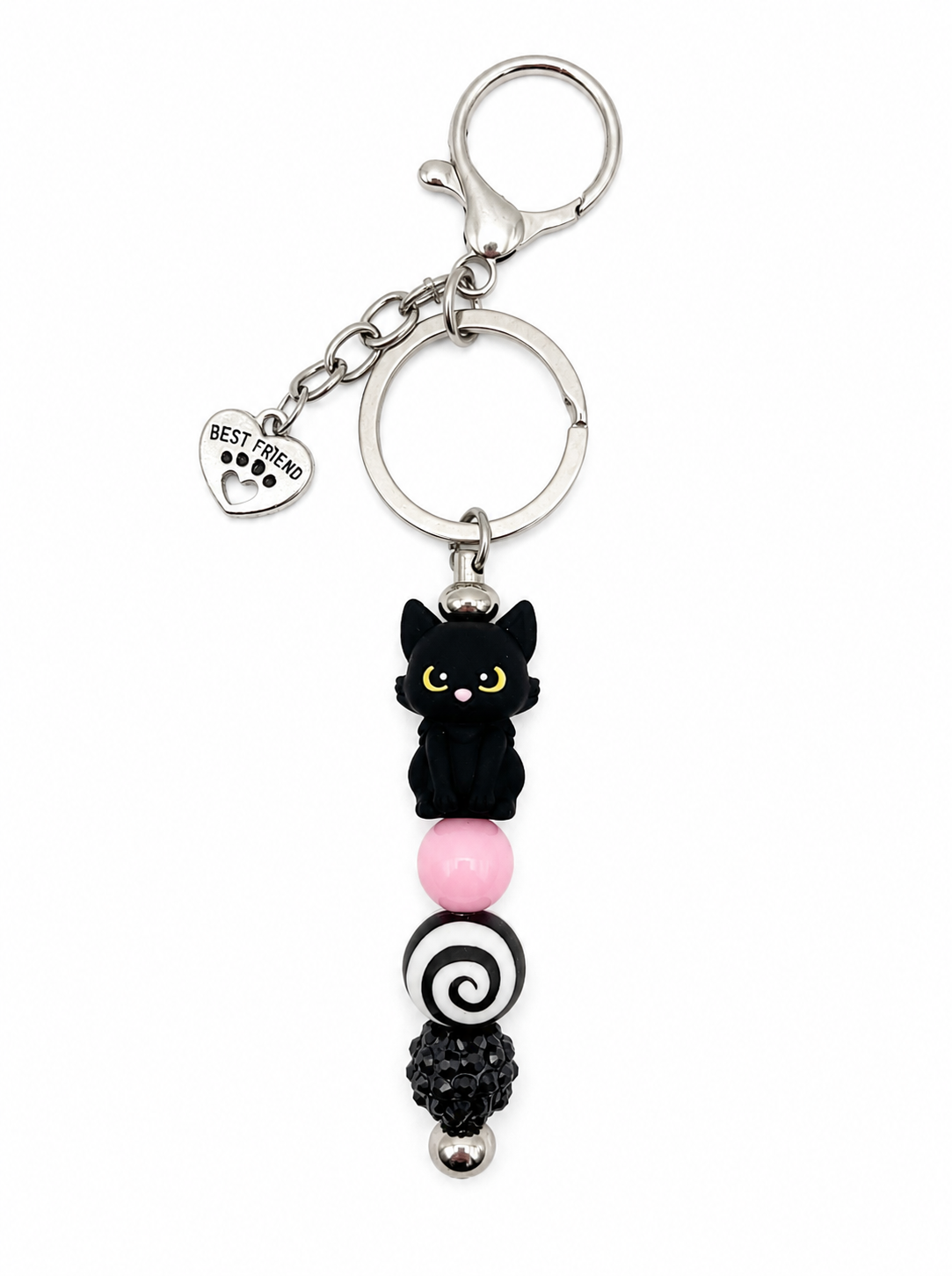 Black Cat Best Friend Keychain Bag Charm- Pink & Black Handmade Beaded Cat Lover Gift