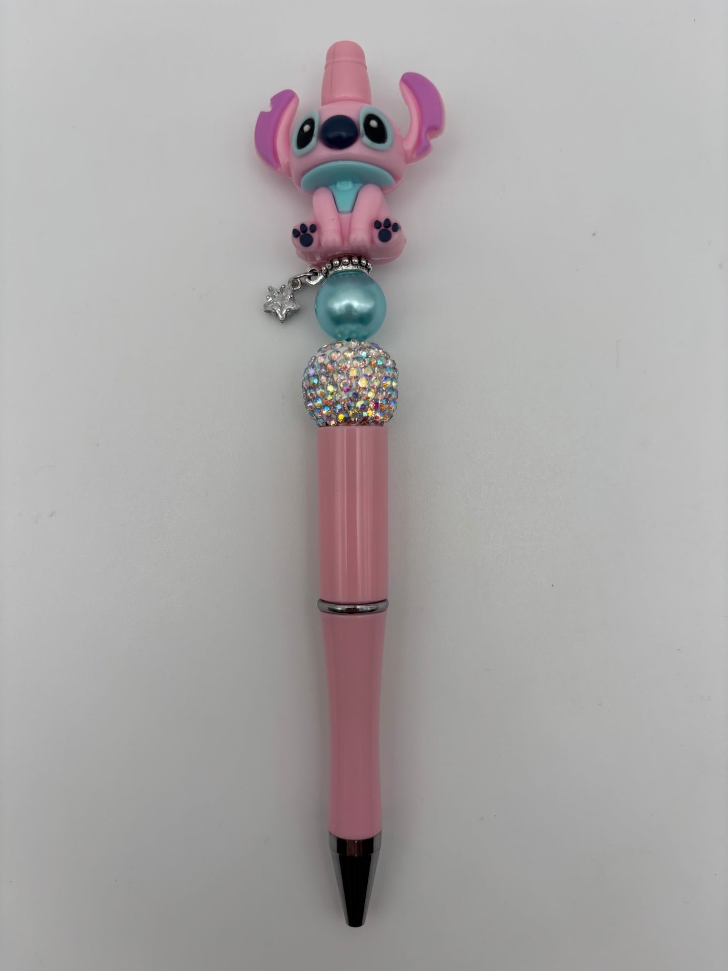 Stitch-Inspired Pink Bling Beaded Pen with Teal Pearl & Star Char