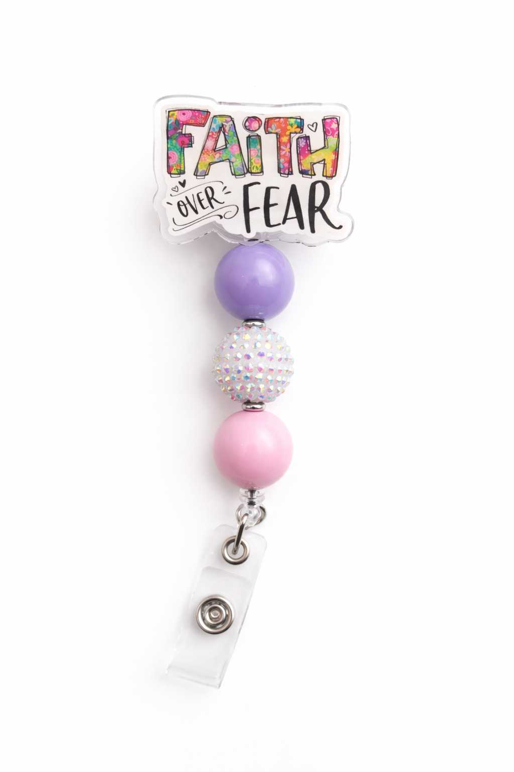 Faith Over Fear Badge Reel - Pastel Purple, White & Pink Beaded ID Holder