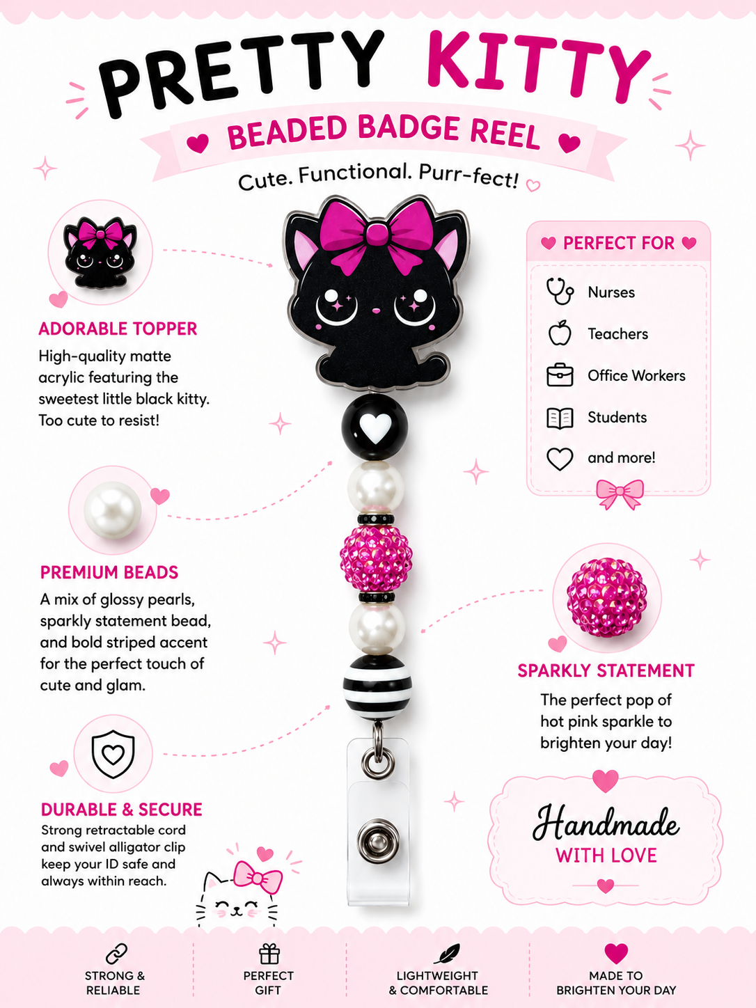 Pretty Kitty Beaded Badge Reel – Black Cat Badge Holder with Hot Pink Sparkle Beads