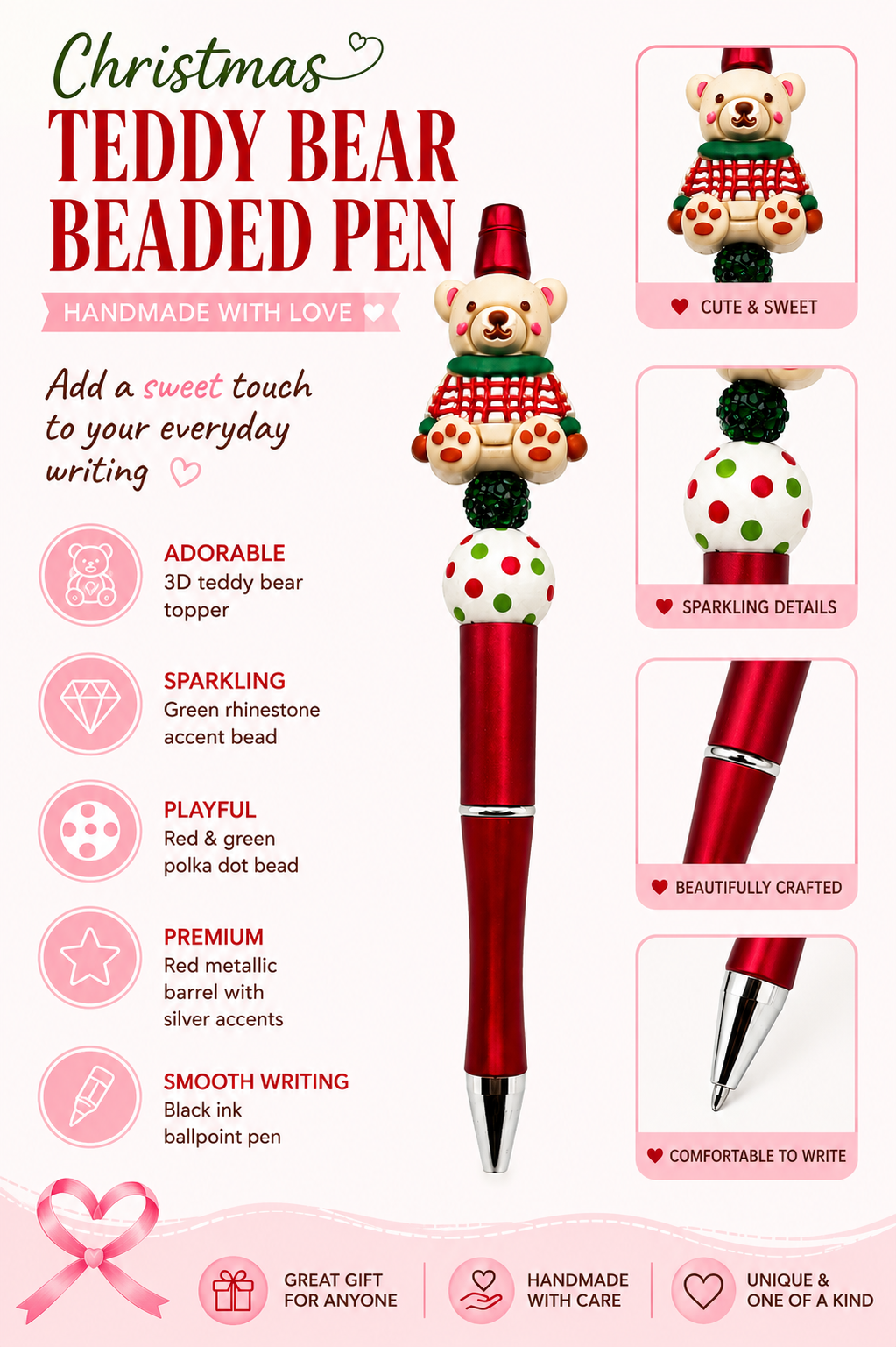 Christmas Teddy Bear Beaded Pen – Cute Handmade Holiday Gift & Stocking Stuffer