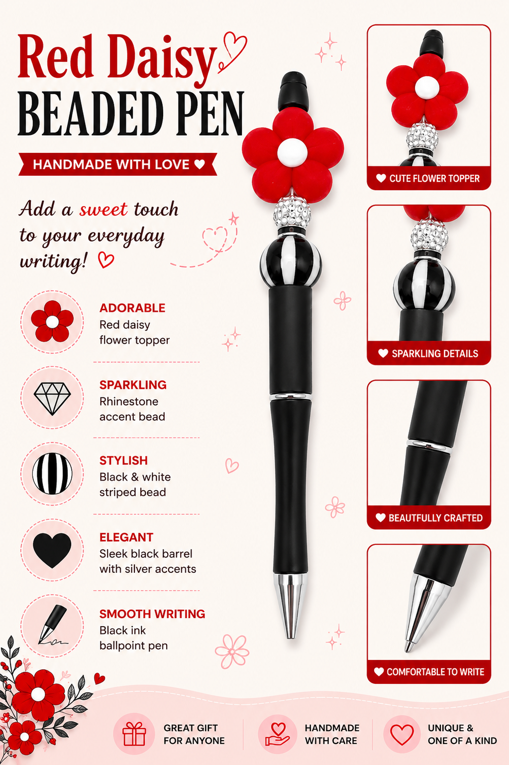Red Daisy Beaded Pen with Black and White Striped Bead