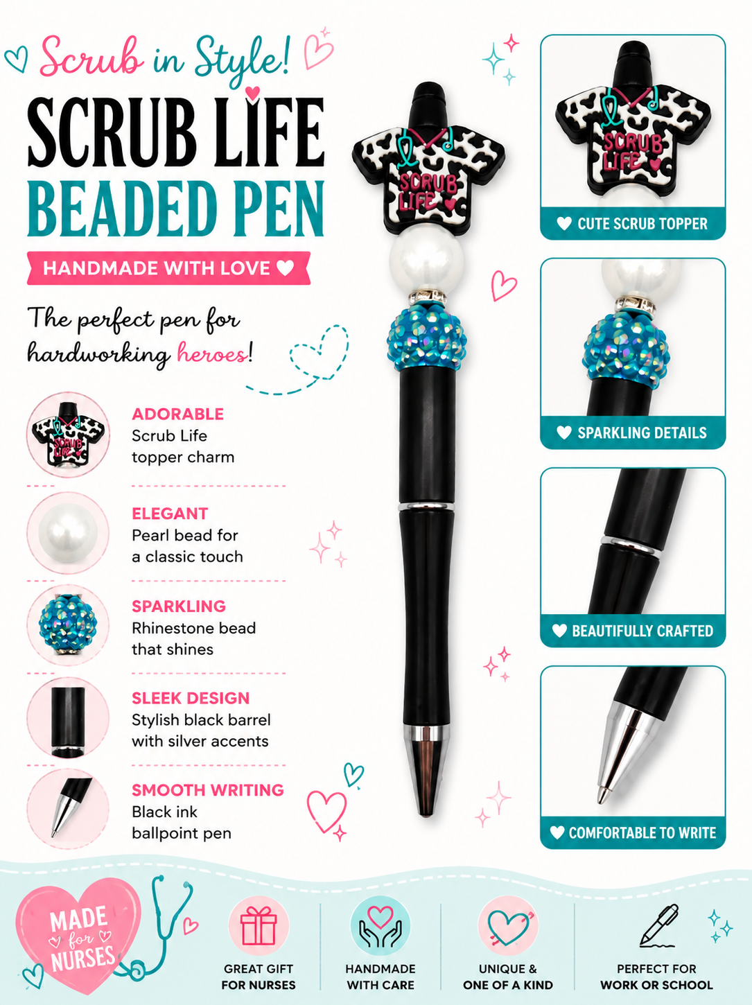 Scrub Life Beaded Pen – Black & Blue Sparkle