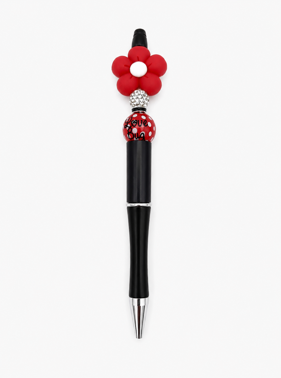 Red Daisy Flower Beaded Pen – Black Barrel, Rhinestone Accent & Red Polka Dot Love Bug Print Bead - Handmade Sparkle Pen