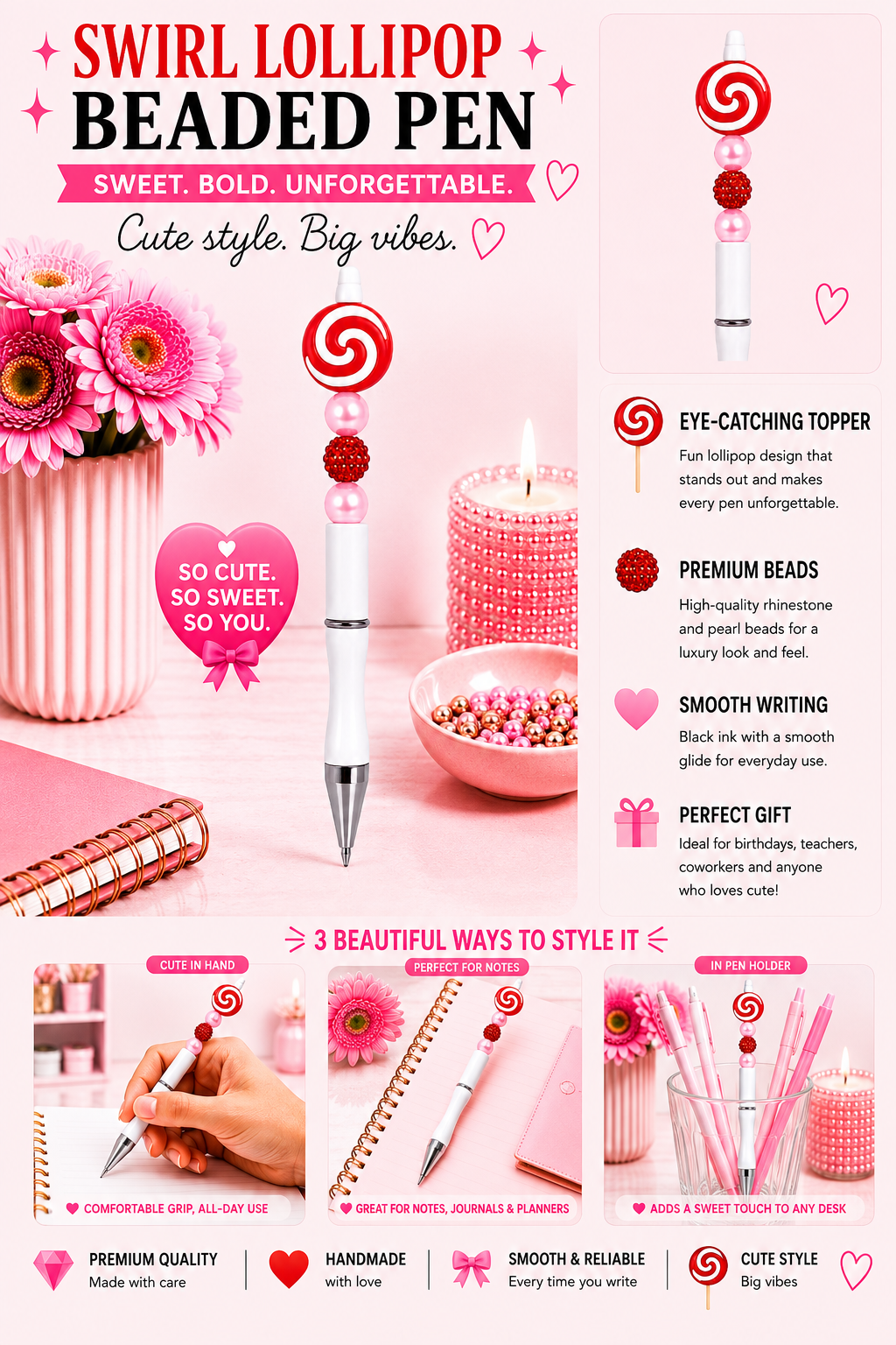 Swirl Lollipop Beaded Pen – Handmade with Pink Pearl & Red Rhinestone Beads