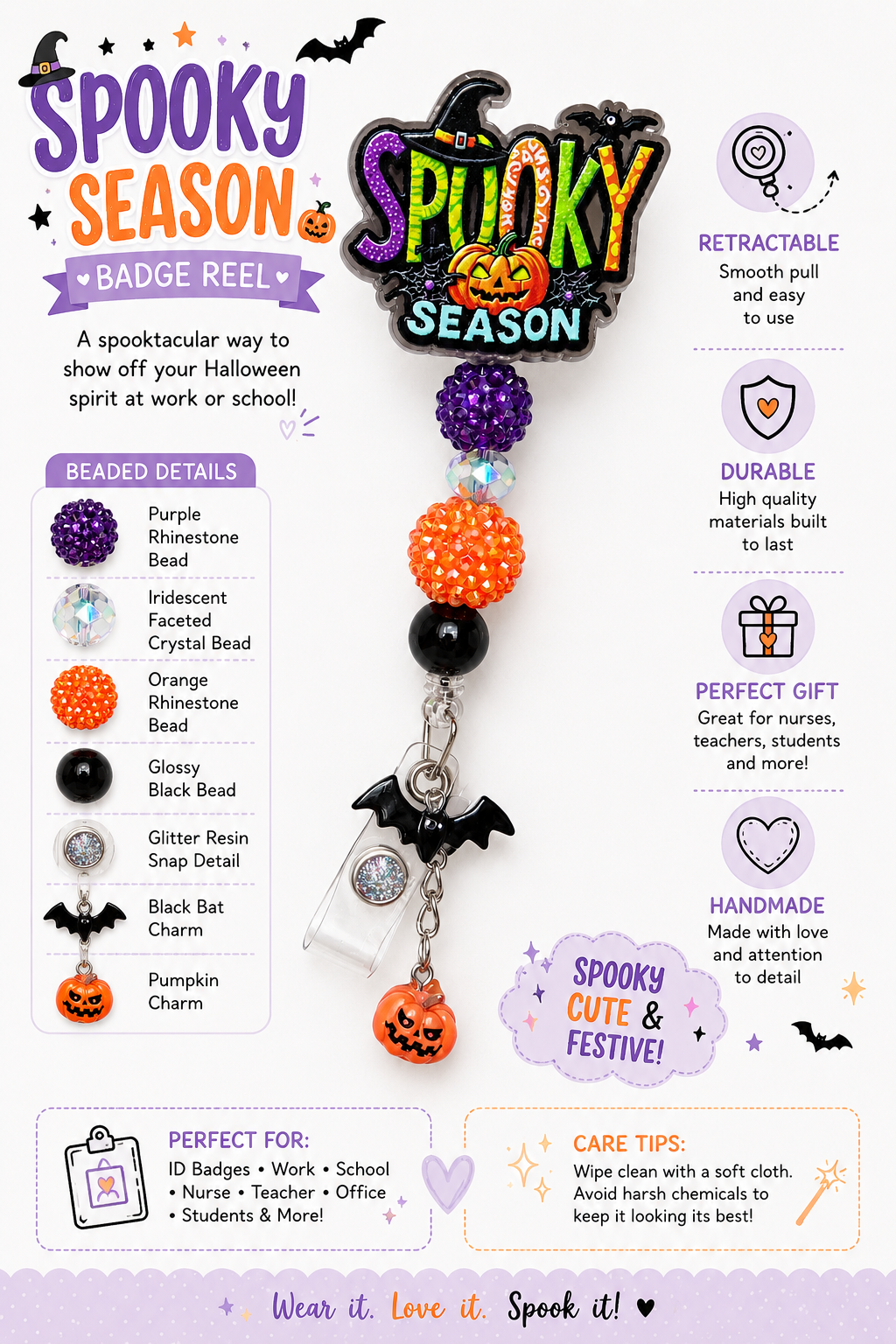 Spooky Season Halloween Badge Reel – Purple & Orange Beaded ID Holder with Bat and Pumpkin Charms