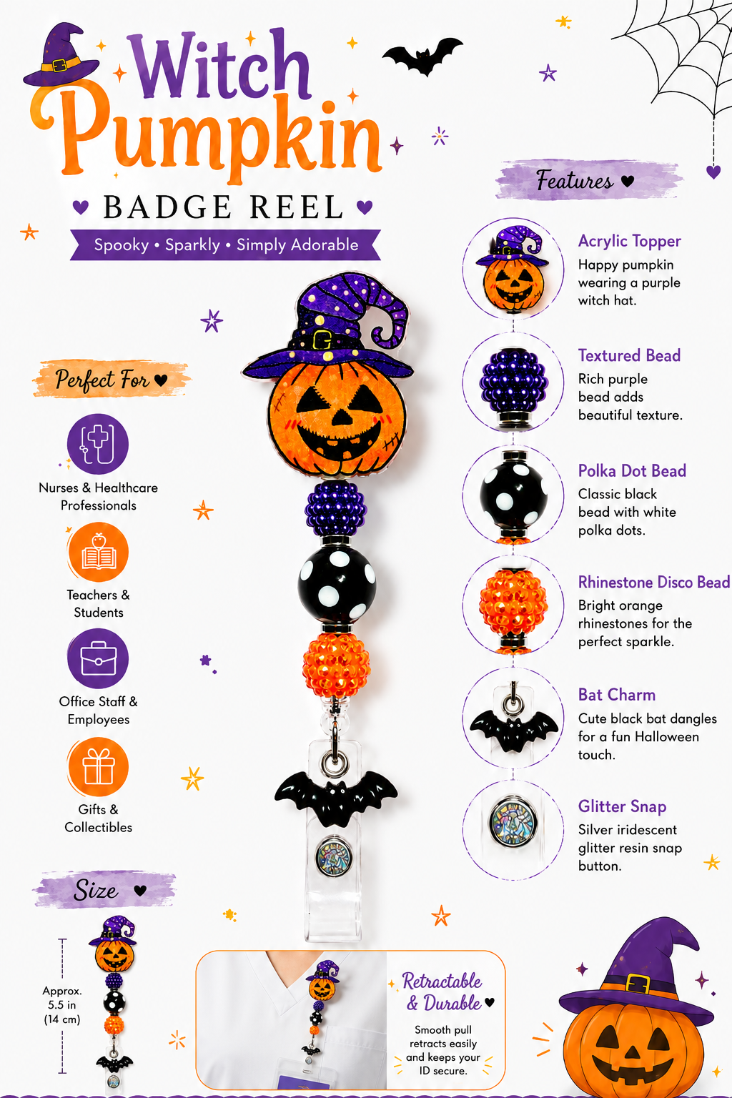 Witch Pumpkin Halloween Badge Reel - Purple Orange Beaded ID Holder