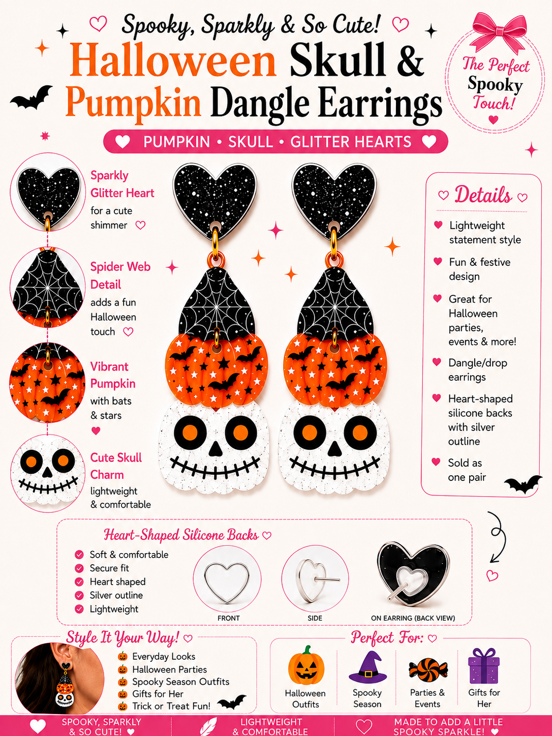 Halloween Skull & Pumpkin Dangle Earrings - Spooky Statement Earrings