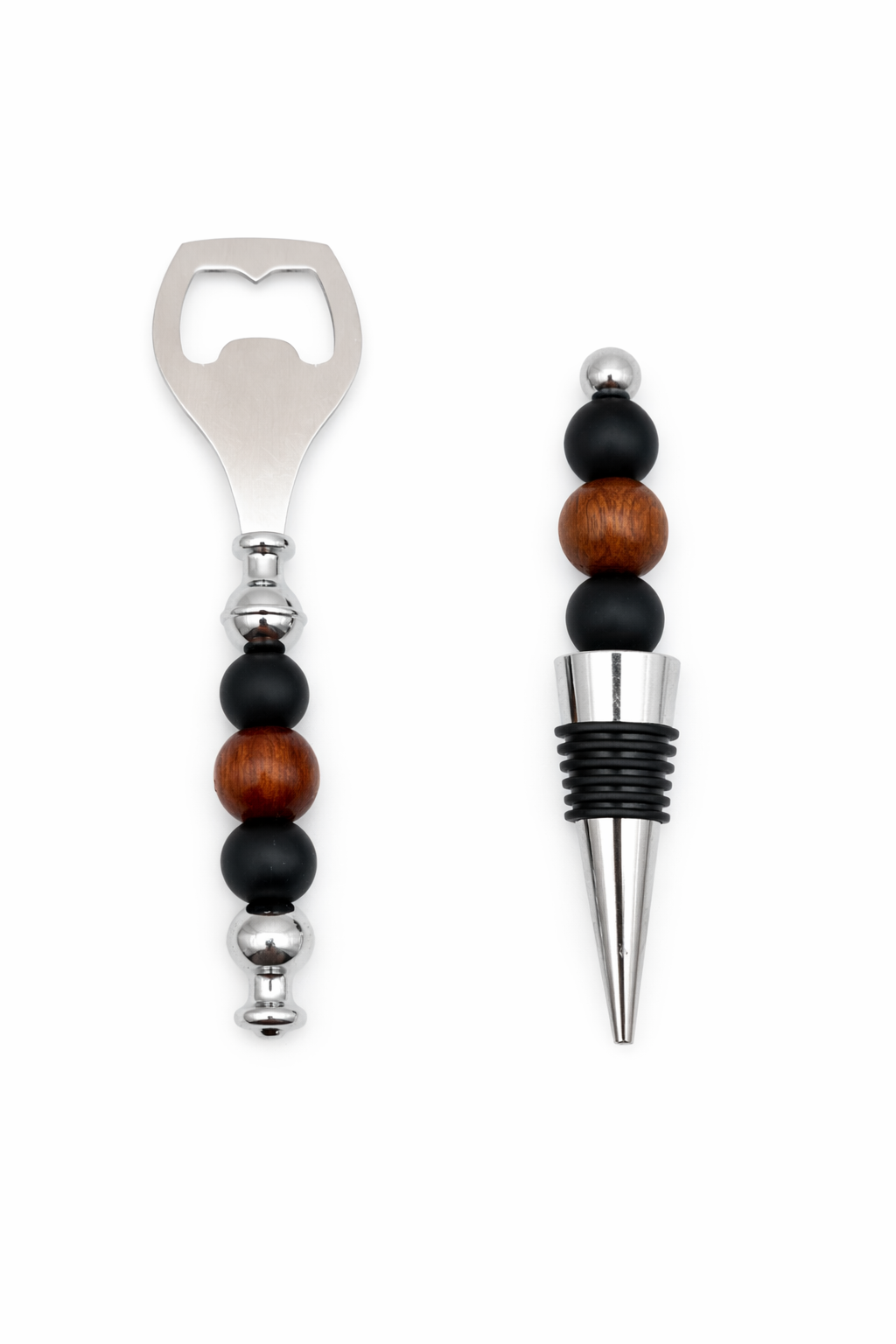 Rich Wood & Black Silicone Bar Set – Bottle Opener & Wine Stopper