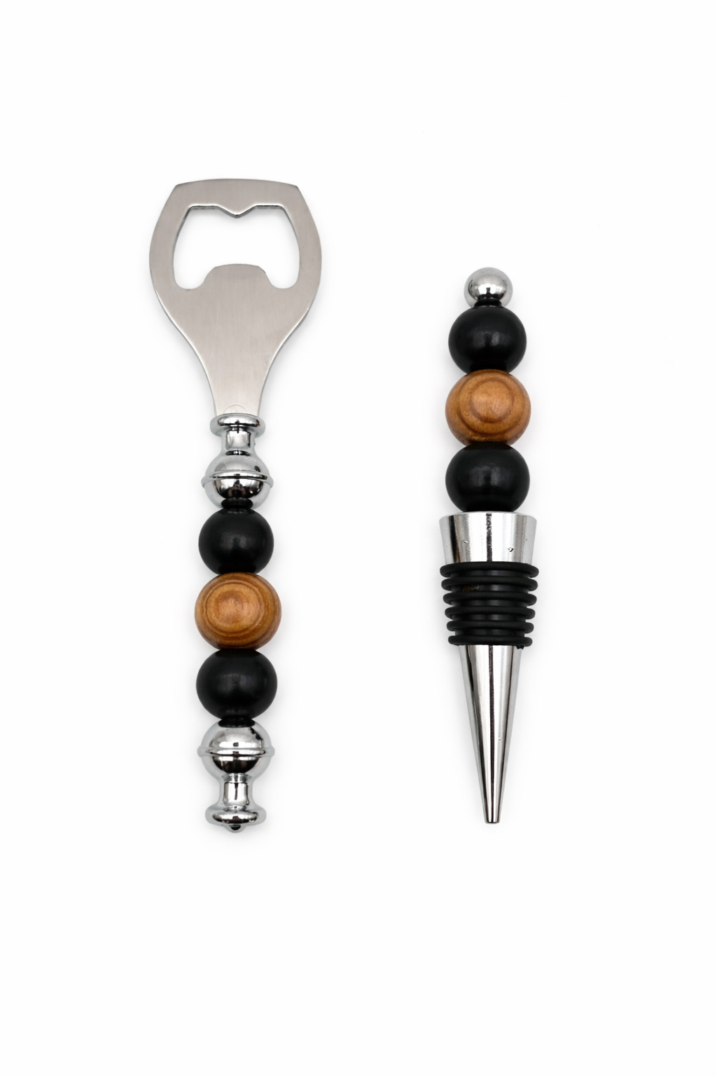 Natural Wood Beaded Bar Set – Bottle Opener & Wine Stopper