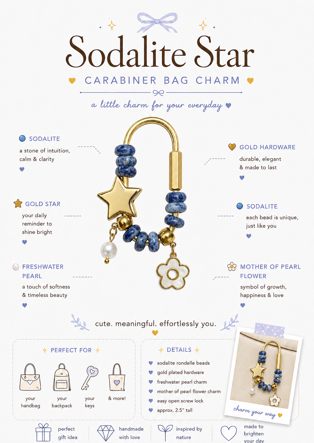 Sodalite Star Carabiner Bag Charm - Gold Beaded Purse Charm with Pearl & Mother of Pearl Flower