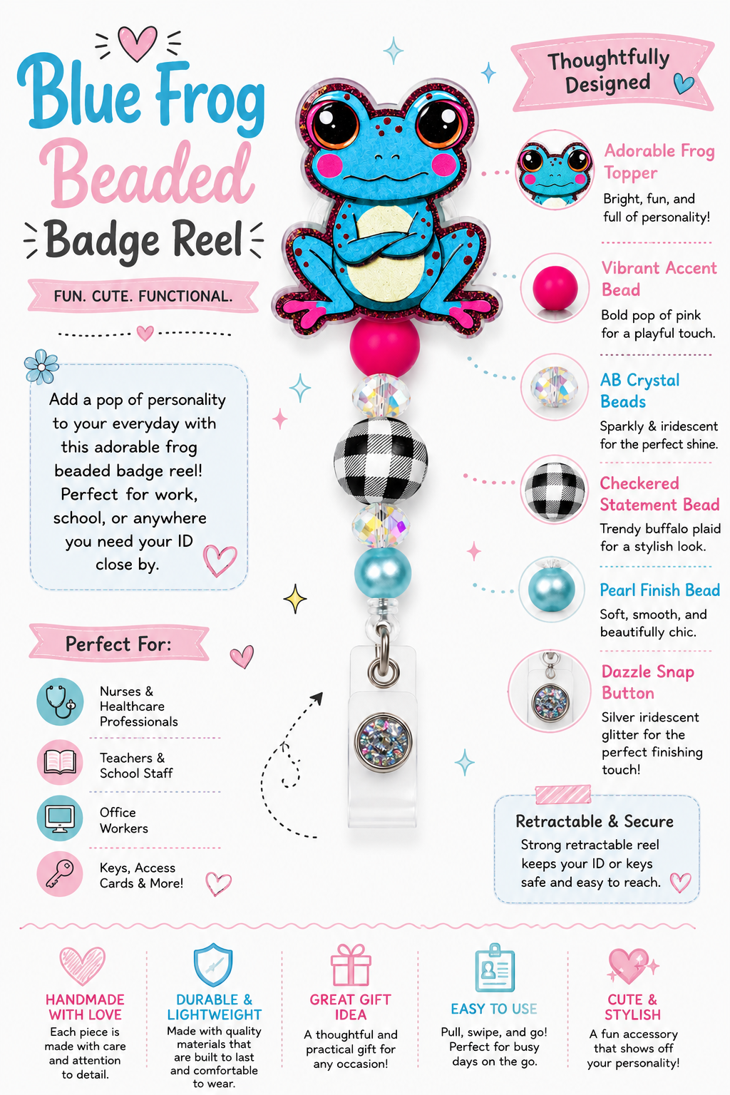 Blue Frog Beaded Badge Reel with Pink, AB Crystal & Checkered Beads