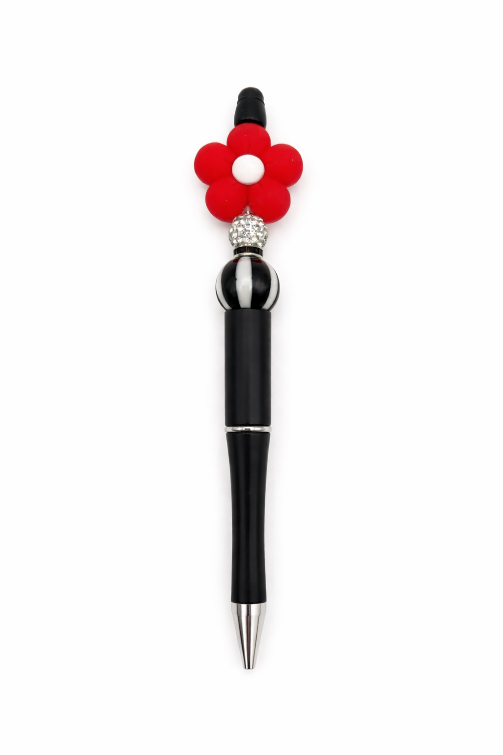 Red Daisy Flower Beaded Pen – Black Barrel with Rhinestone & Striped Bead - Handmade Sparkle Pen