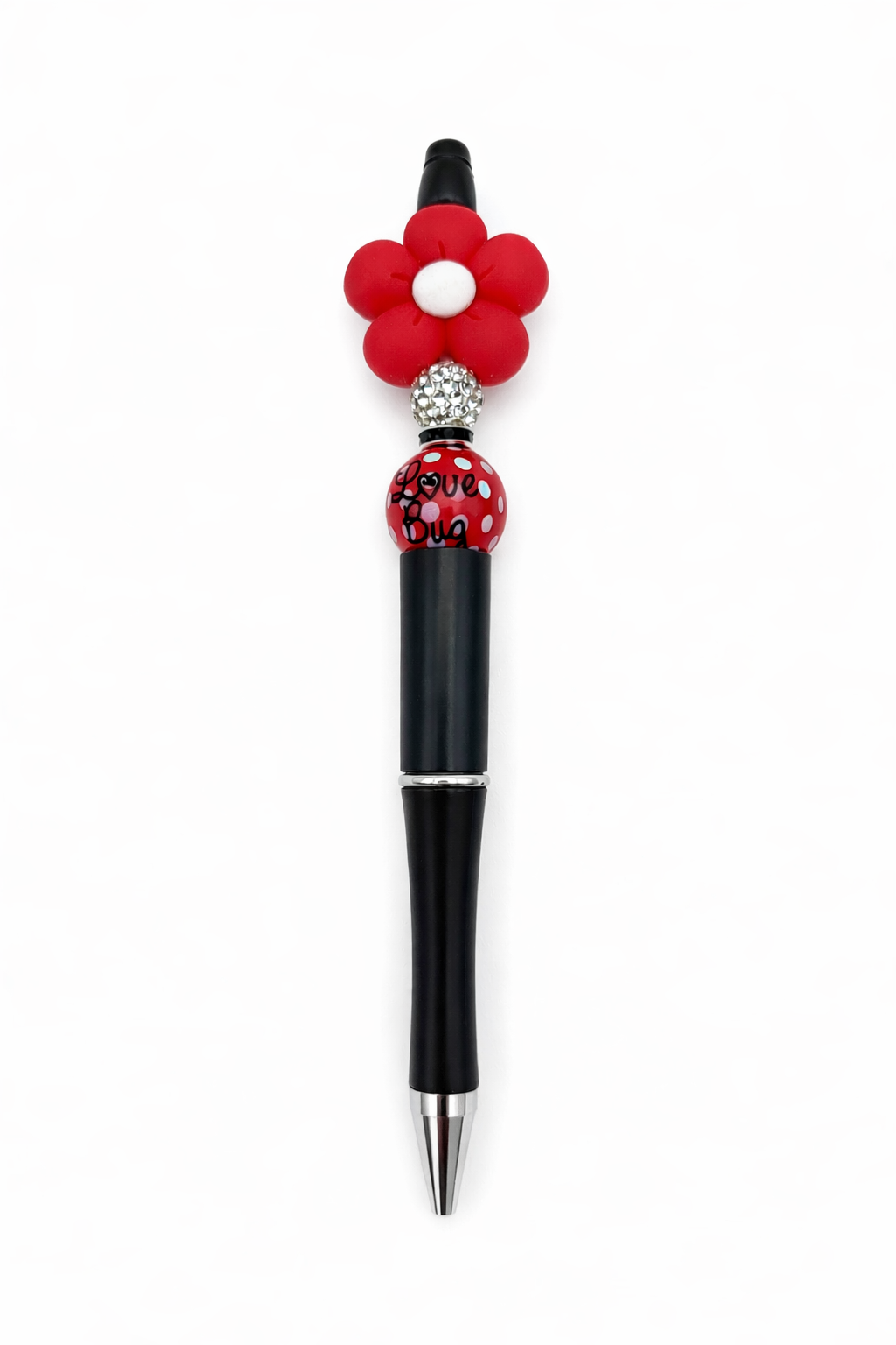 Red Daisy Flower Beaded Pen – Black Barrel, Rhinestone Accent & Red Polka Dot Love Bug Print Bead - Handmade Sparkle Pen