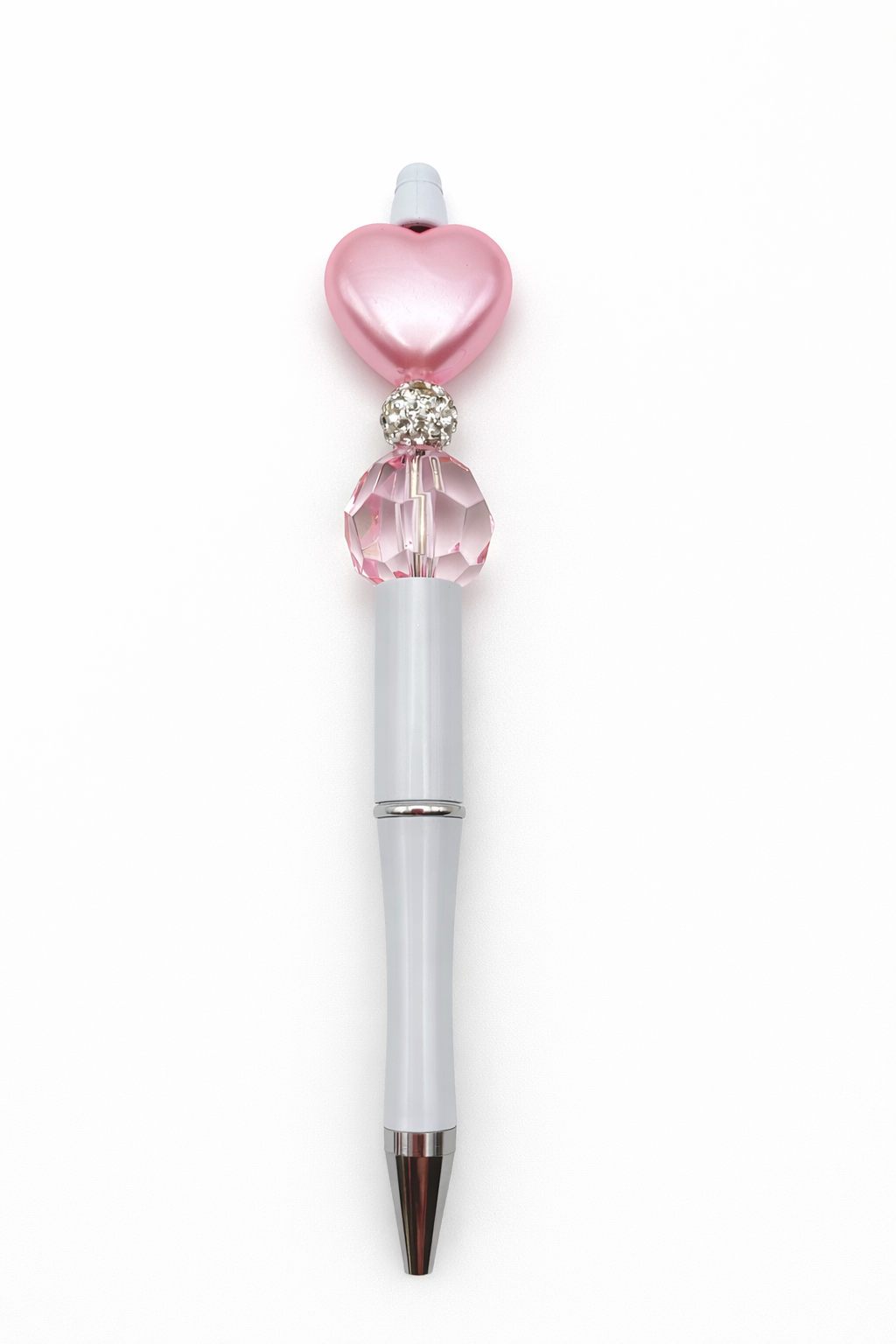 Pink Heart Glam Beaded Pen - White Barrel Crystal Heart Pen