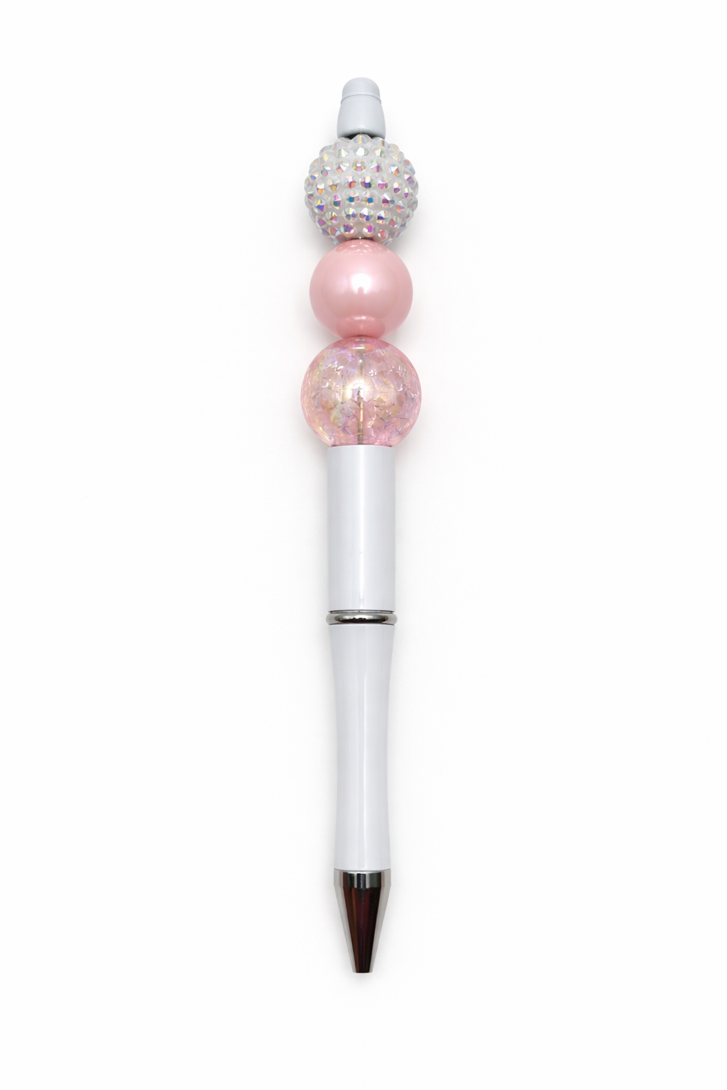 Pink Sparkle Beaded Pen - Cute White Barrel Decorative Writing Pen