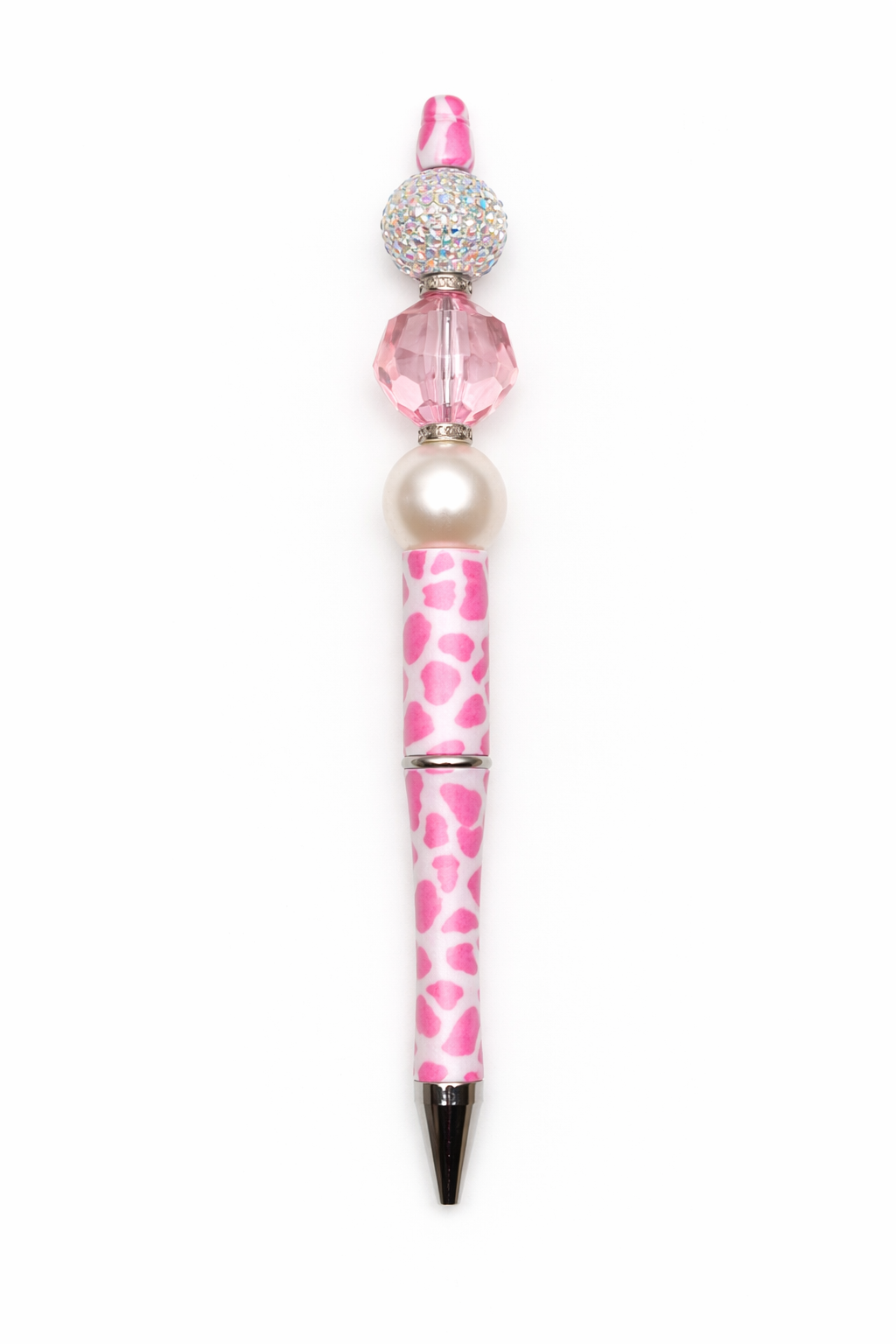 Pink Cow Print Glam Beaded Pen - Cute Handmade Sparkle Writing Pen
