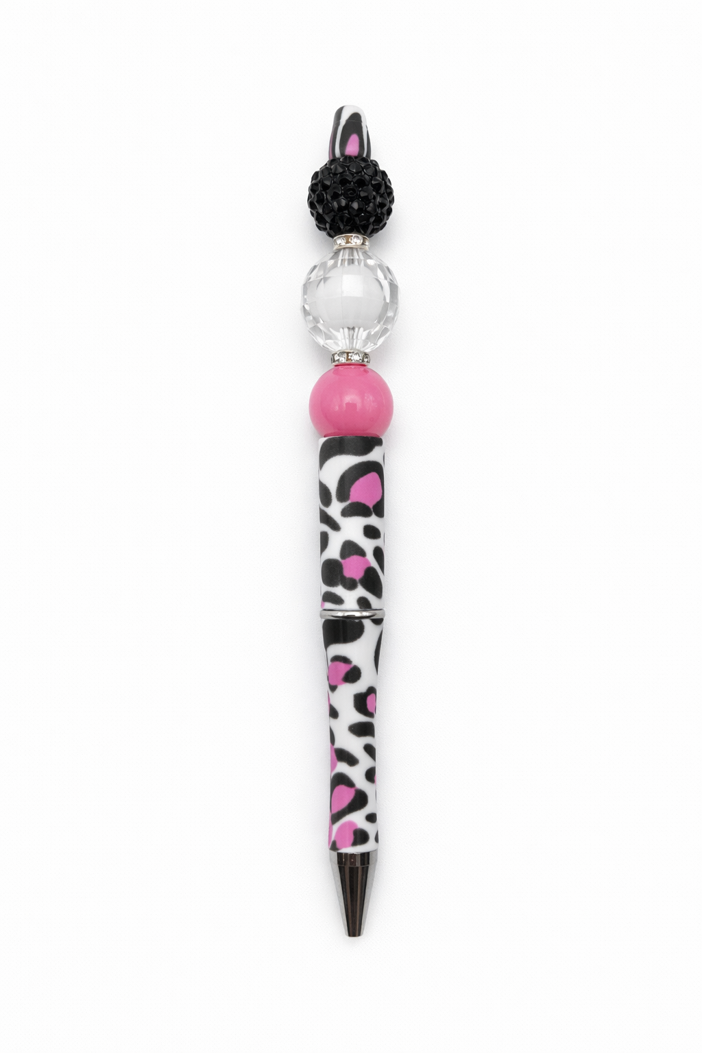 Pink Leopard Print Beaded Pen - Glam Black Rhinestone Crystal Statement Pen