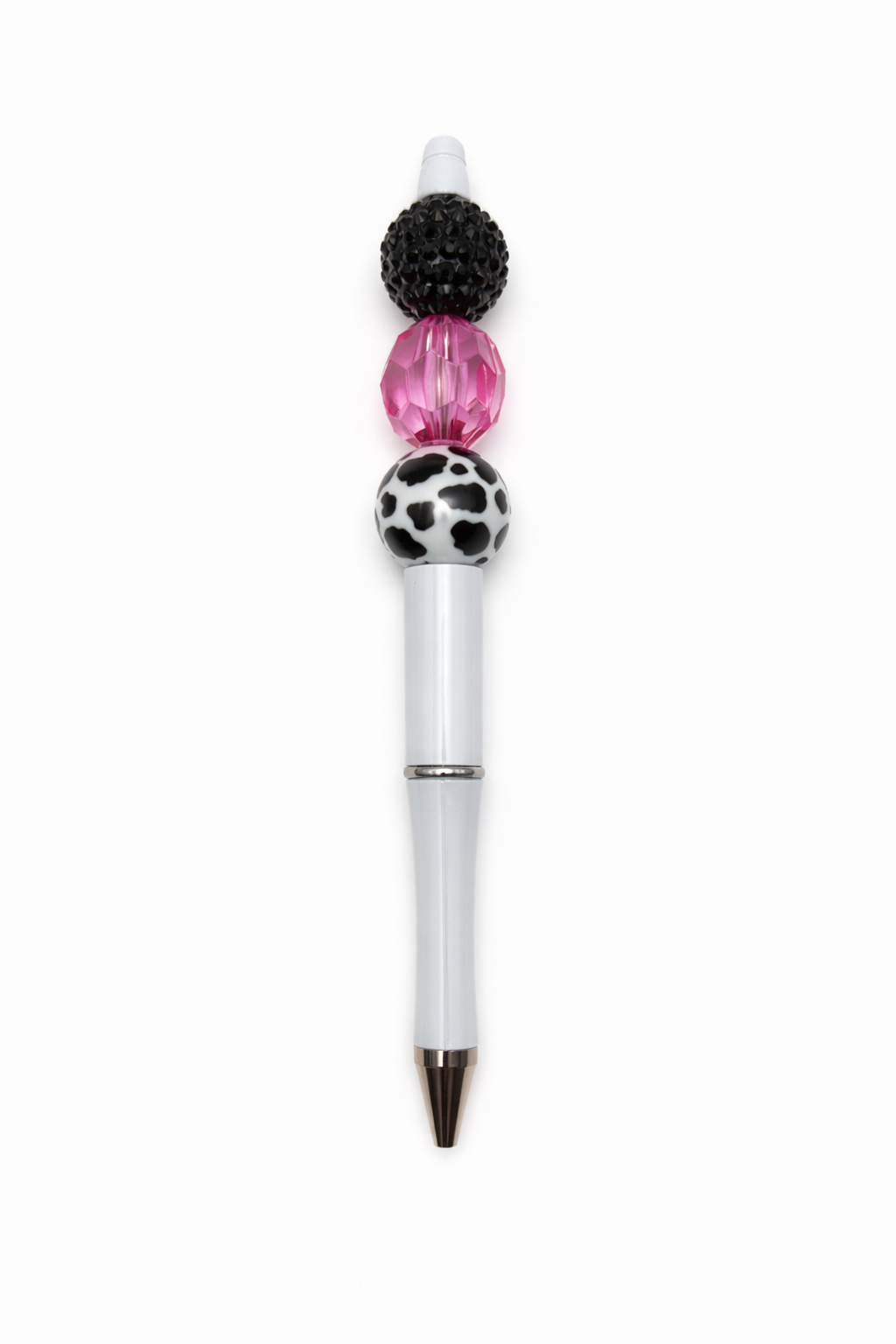 Cow Print & Fuchsia Sparkle Pen – Black Rhinestone, Hot Pink Faceted Crystal - White Barrel Pen