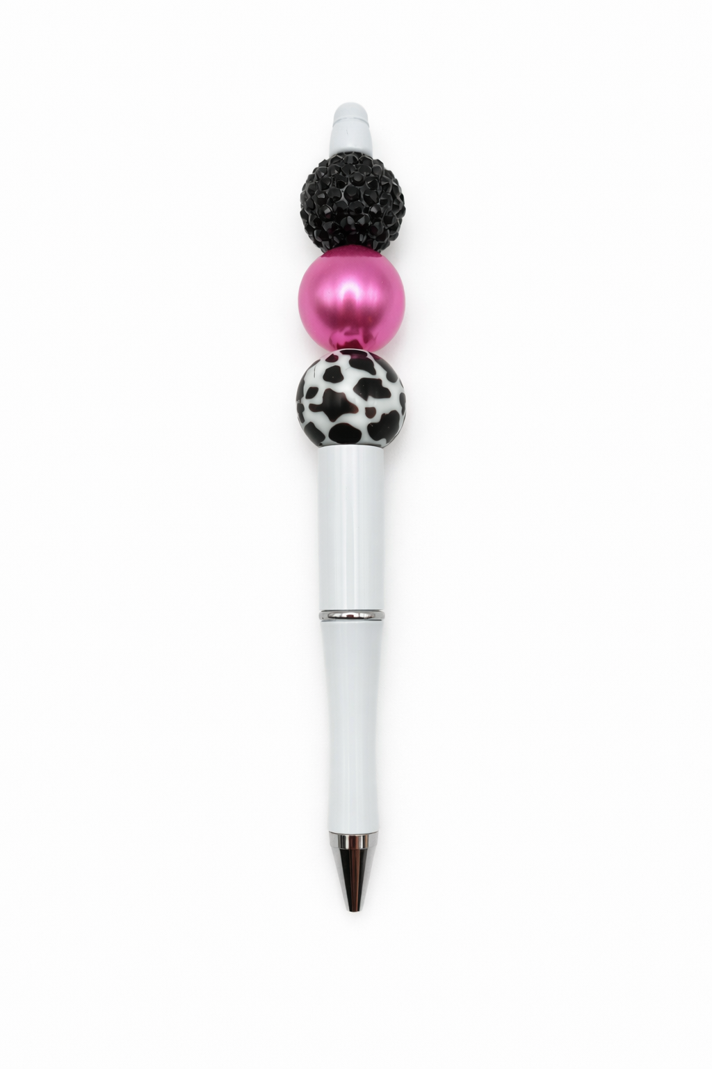 Cow Print & Fuchsia Beaded Pen - White Refillable Barrel Pen