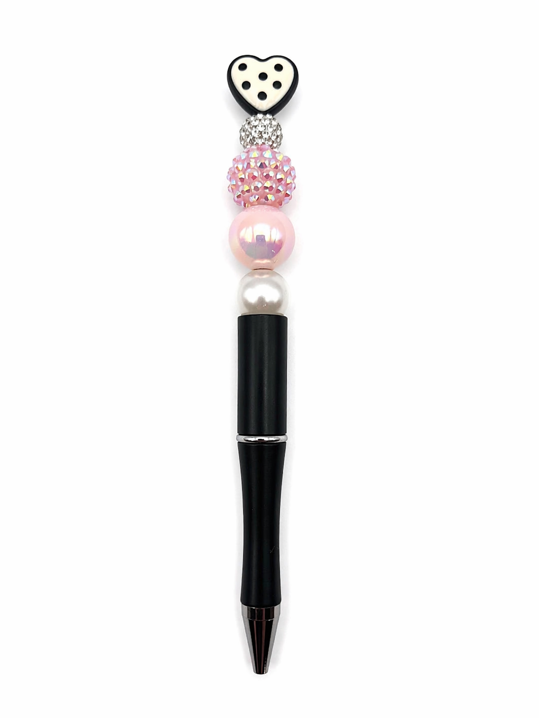 White Heart Topper Beaded Pen with Sparkly Beads - Refillable Black Barrel