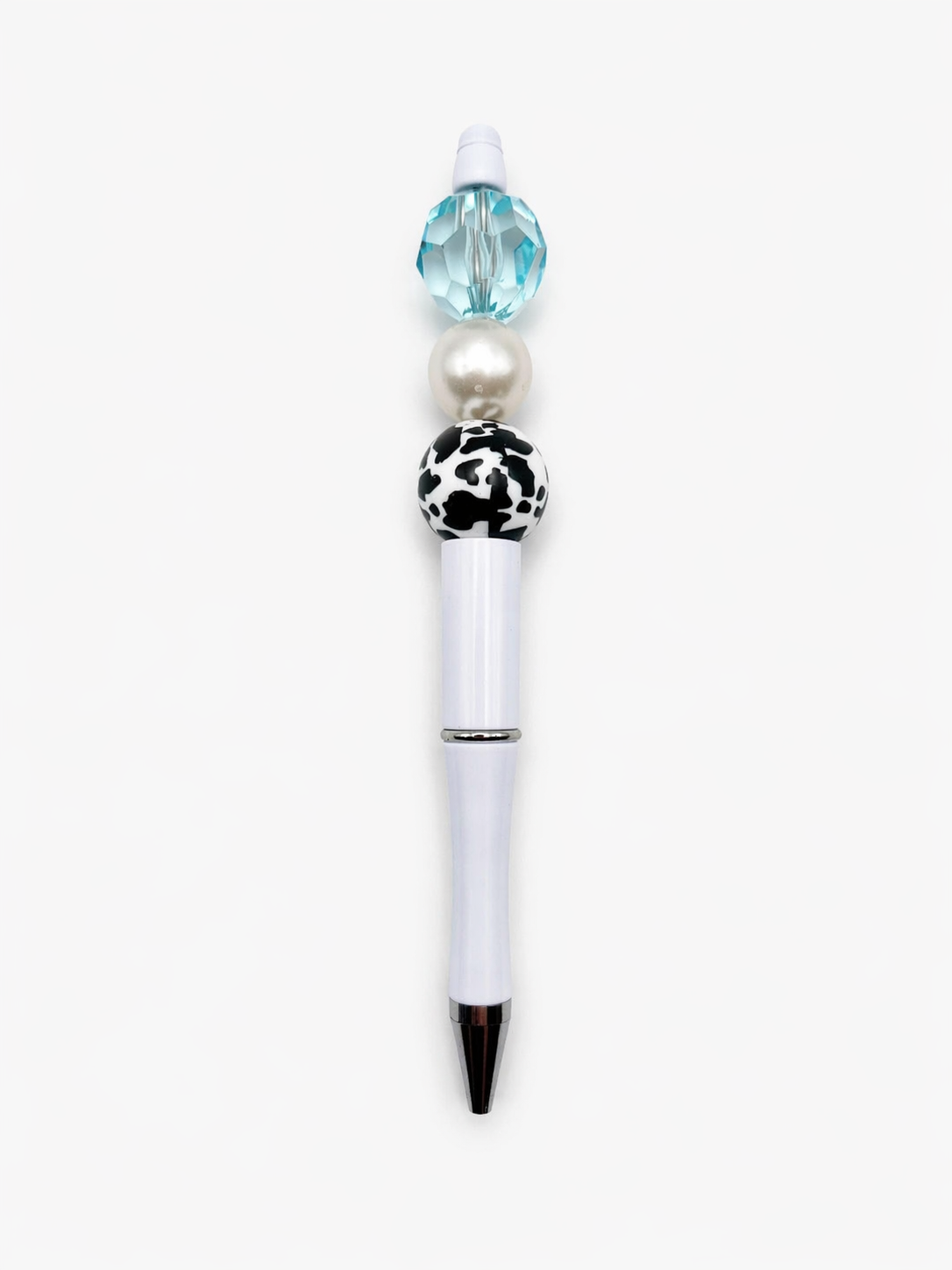 Aqua Cow Print Glam Beaded Pen - White Barrel Chic Statement Pen