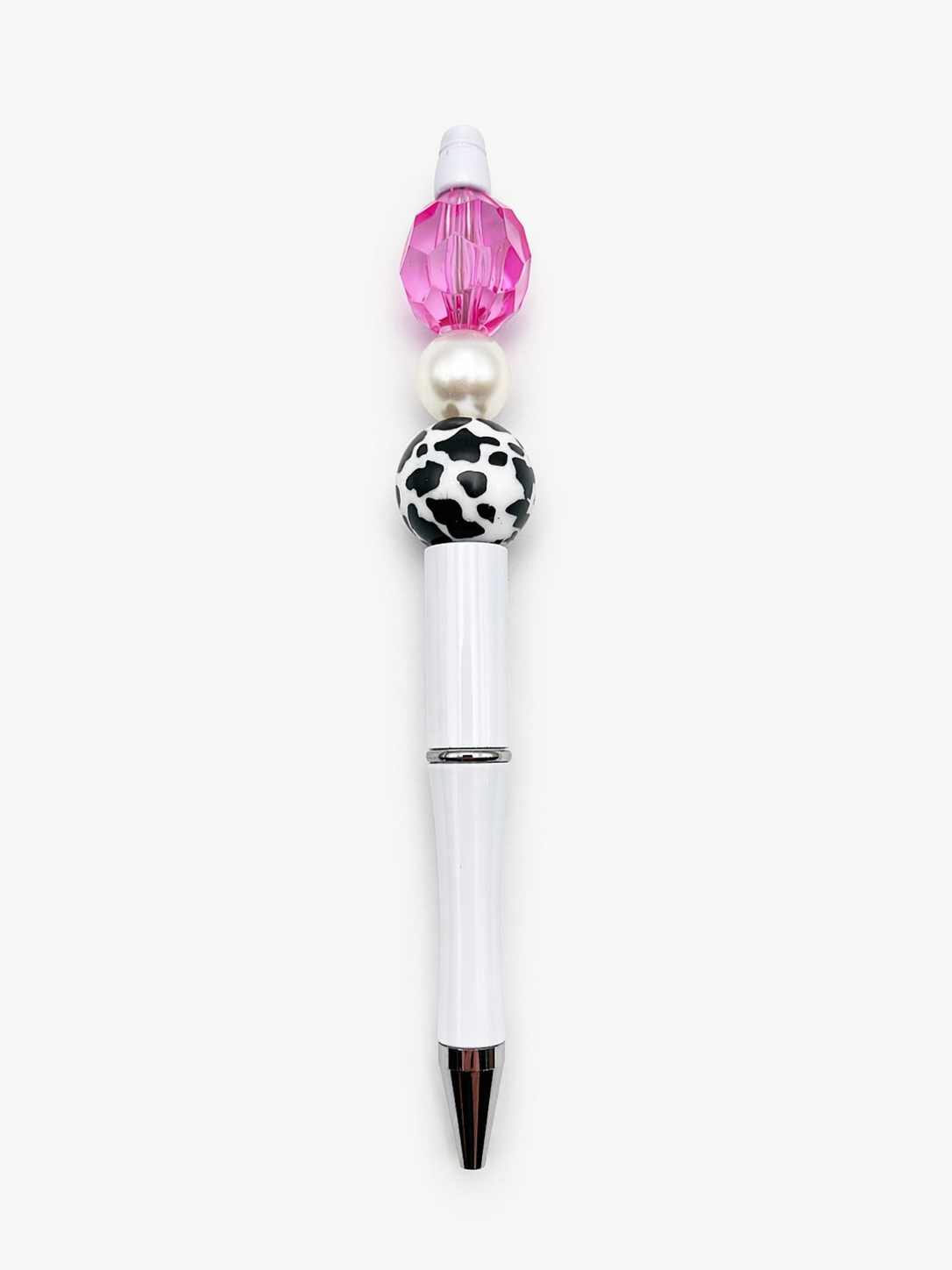Fuchsia Cow Print Glam Beaded Pen - White Barrel Bold Statement Pen