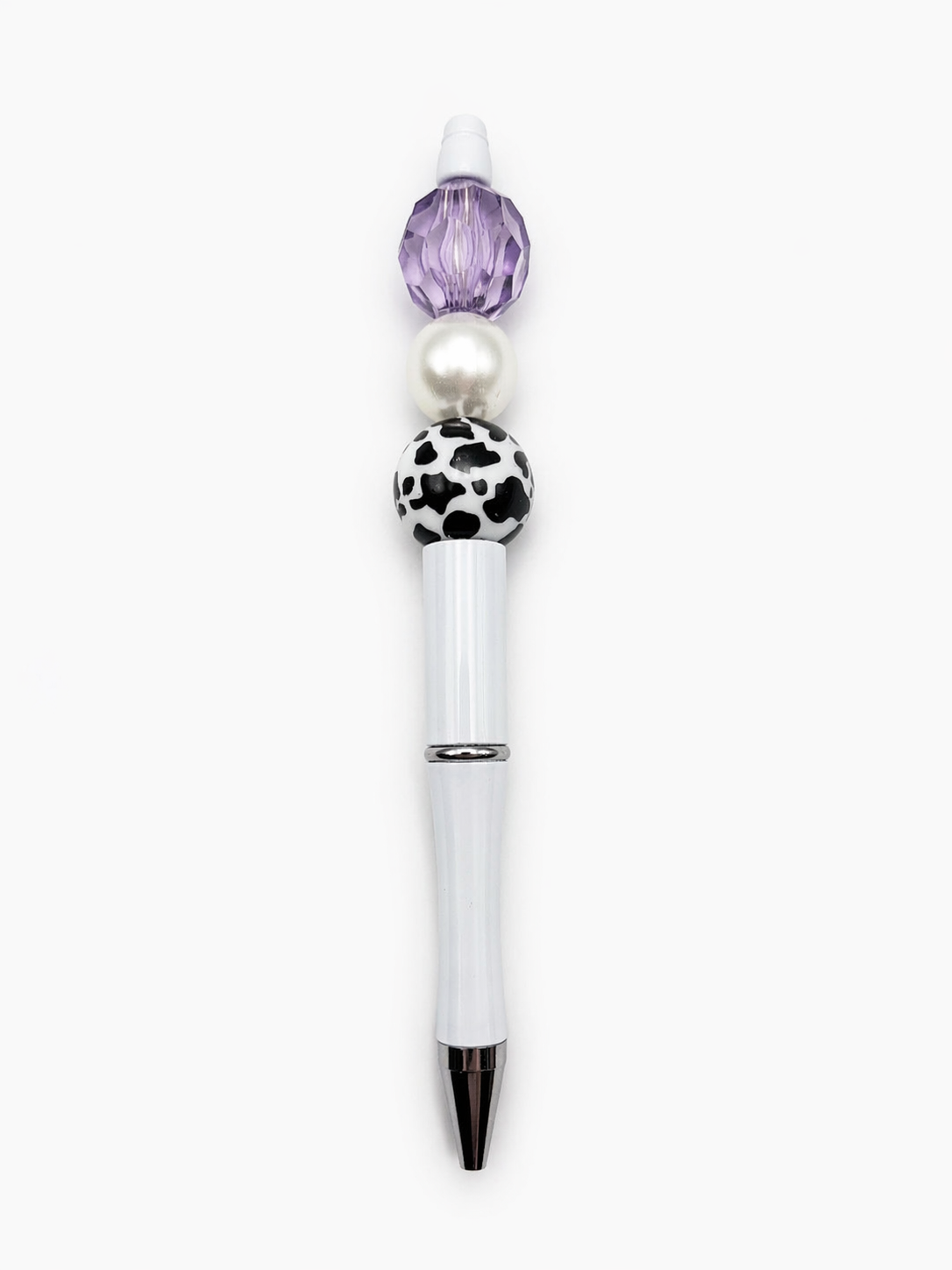Lavender Cow Print Glam Beaded Pen - White Barrel Statement Pen