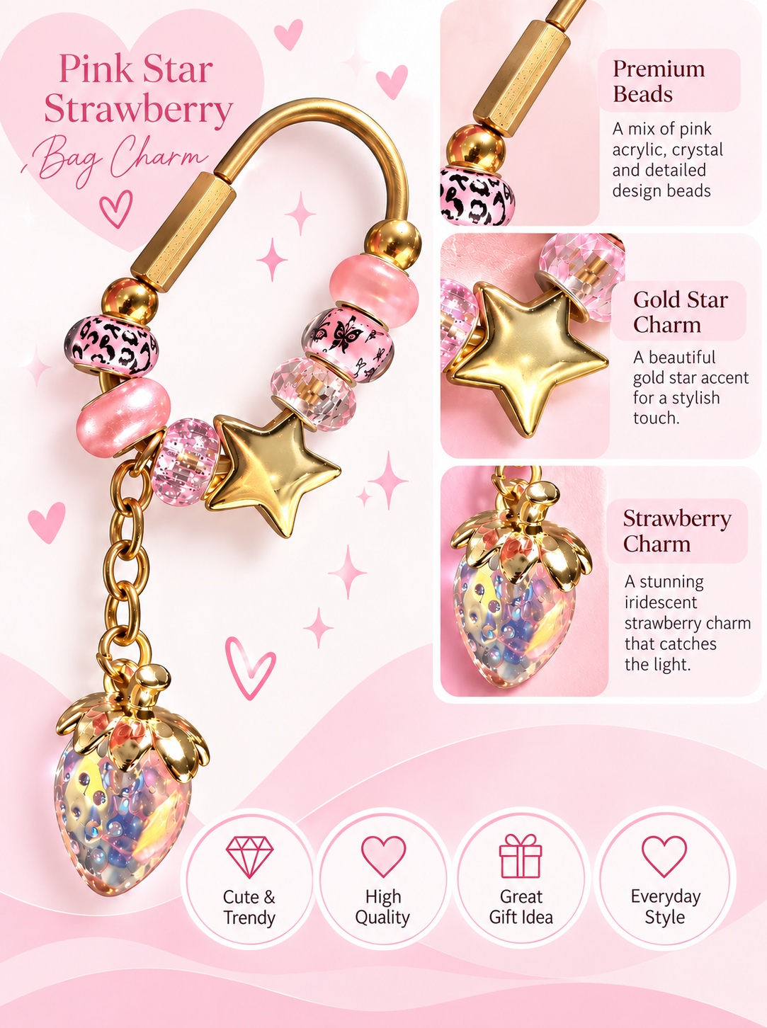 Pink Carabiner Bag Charm with Gold Star Slider – Handmade Gold Brass Bag Charm with Iridescent Strawberry Dangle