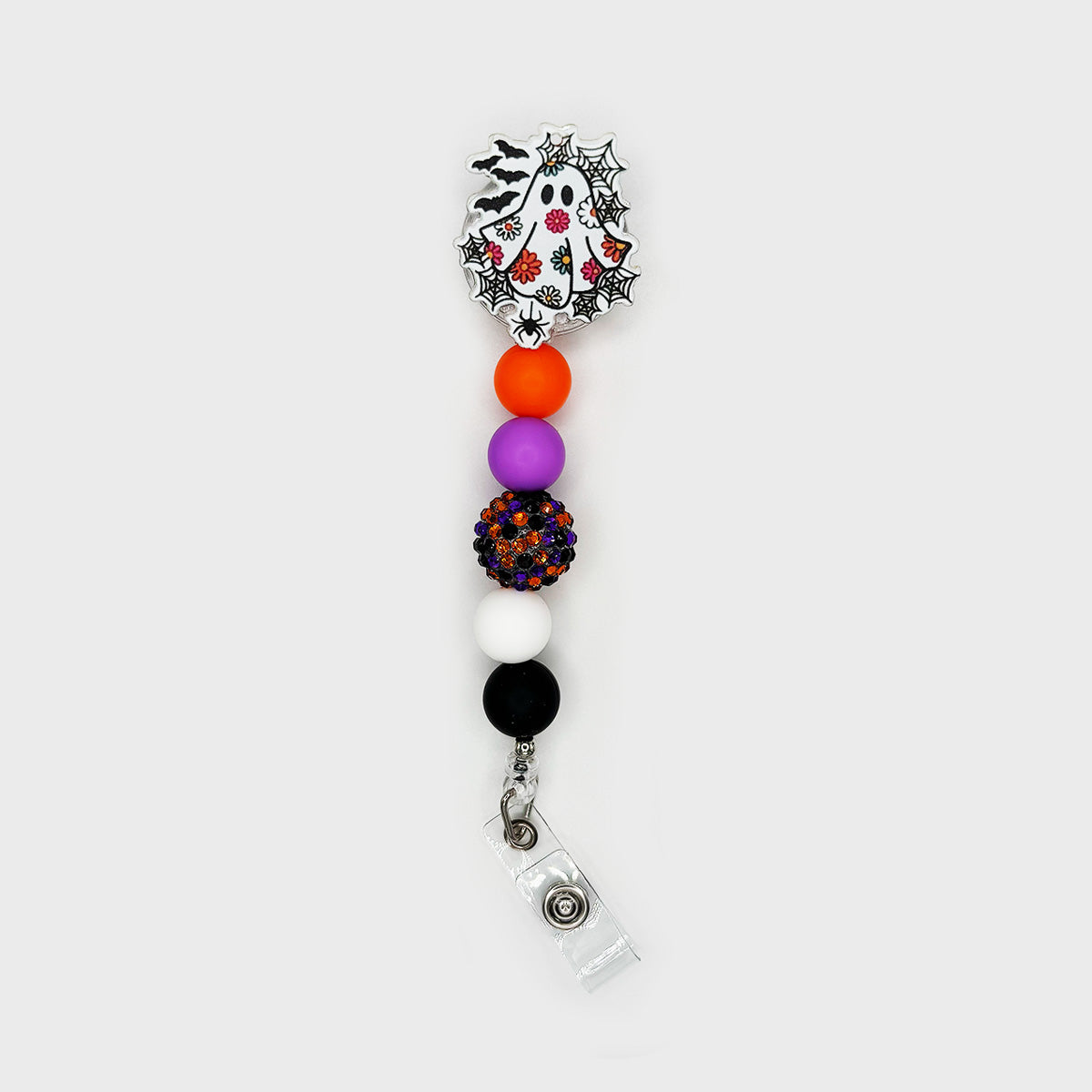 Halloween Ghost Badge Reel – Orange & Purple Beads