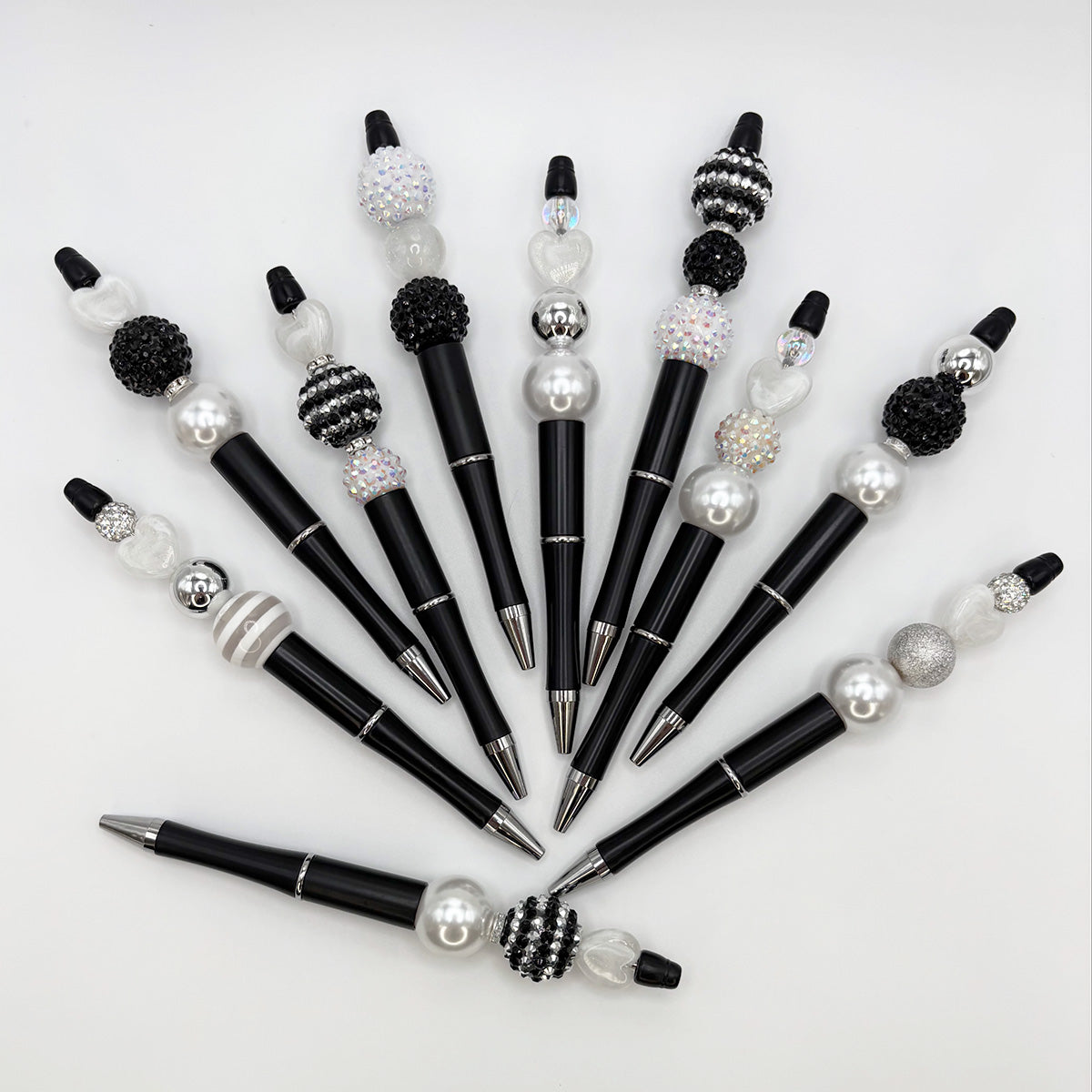 Black & White Luxe Beaded Pen Collection – Pearl, Heart & Crystal Sparkle Pens