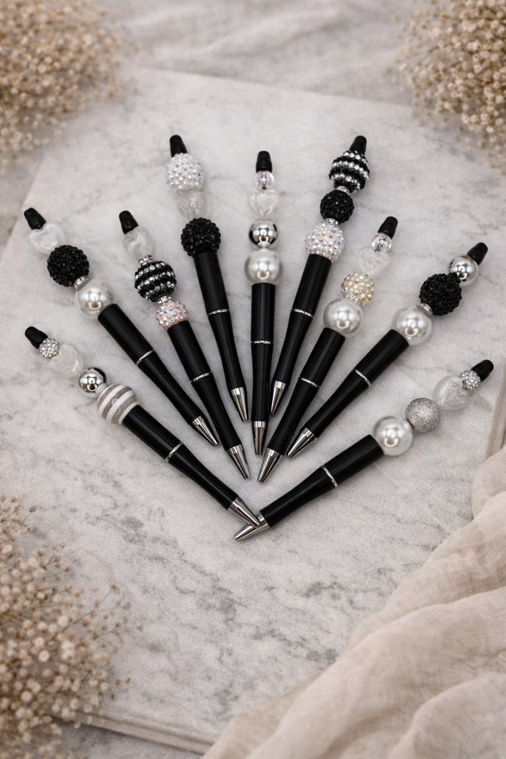 Black & White Luxe Beaded Pen Collection – Pearl, Heart & Crystal Sparkle Pens