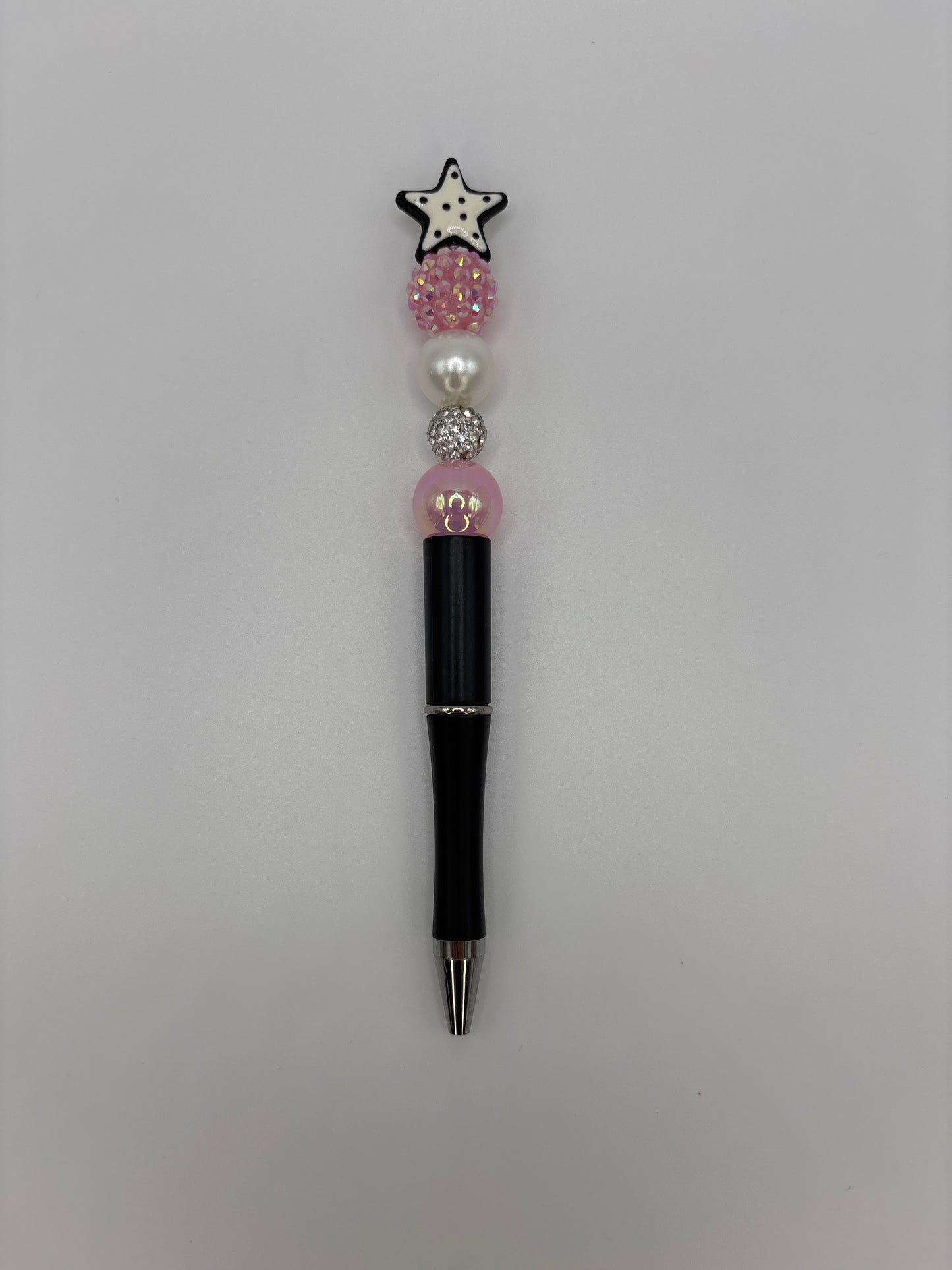 White Star Topper Beaded Pen – Pink Sparkles & White Pearl on Black Barrel