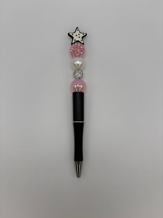 White Star Topper Beaded Pen – Pink Sparkles & White Pearl on Black Barrel