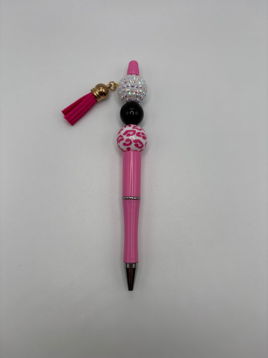 Breast Cancer Awareness Pen - Leopard & Black Beaded Pen with Pink Tassel - Handmade Sparkle Pen - Beads & Glimmer