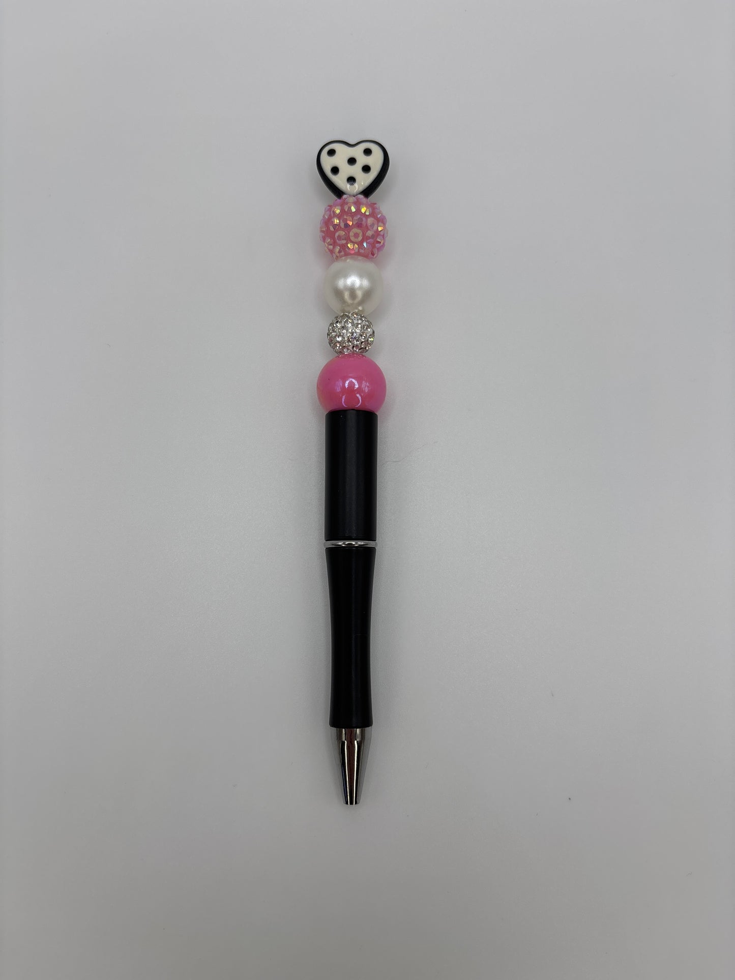White Heart Topper Beaded Pen with Pearl, Pink and Rhinestone Beads– Refillable Black Barrel