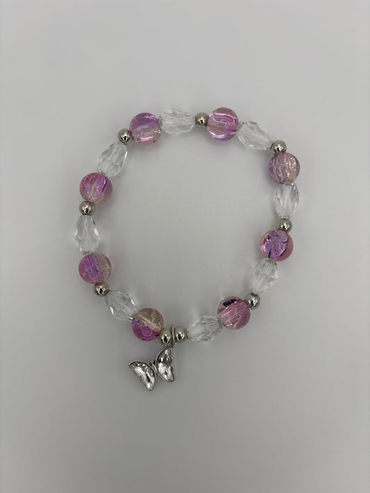 Light Purple Crackle Glass Bead Bracelet with Clear Faceted Beads & Butterfly Charm