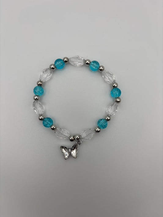 Aqua Crackle & Clear Faceted Glass Bead Bracelet with Silver Butterfly Charm