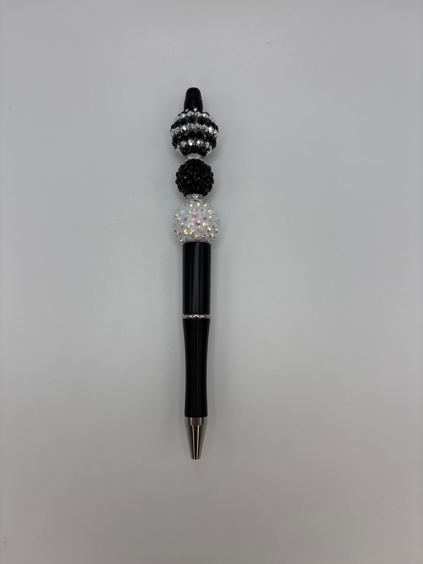 Glam Noir Beaded Black Barrel Pen – Black & White Rhinestone Pen with Iridescent Crystal Bead - Luxury Sparkle Pen