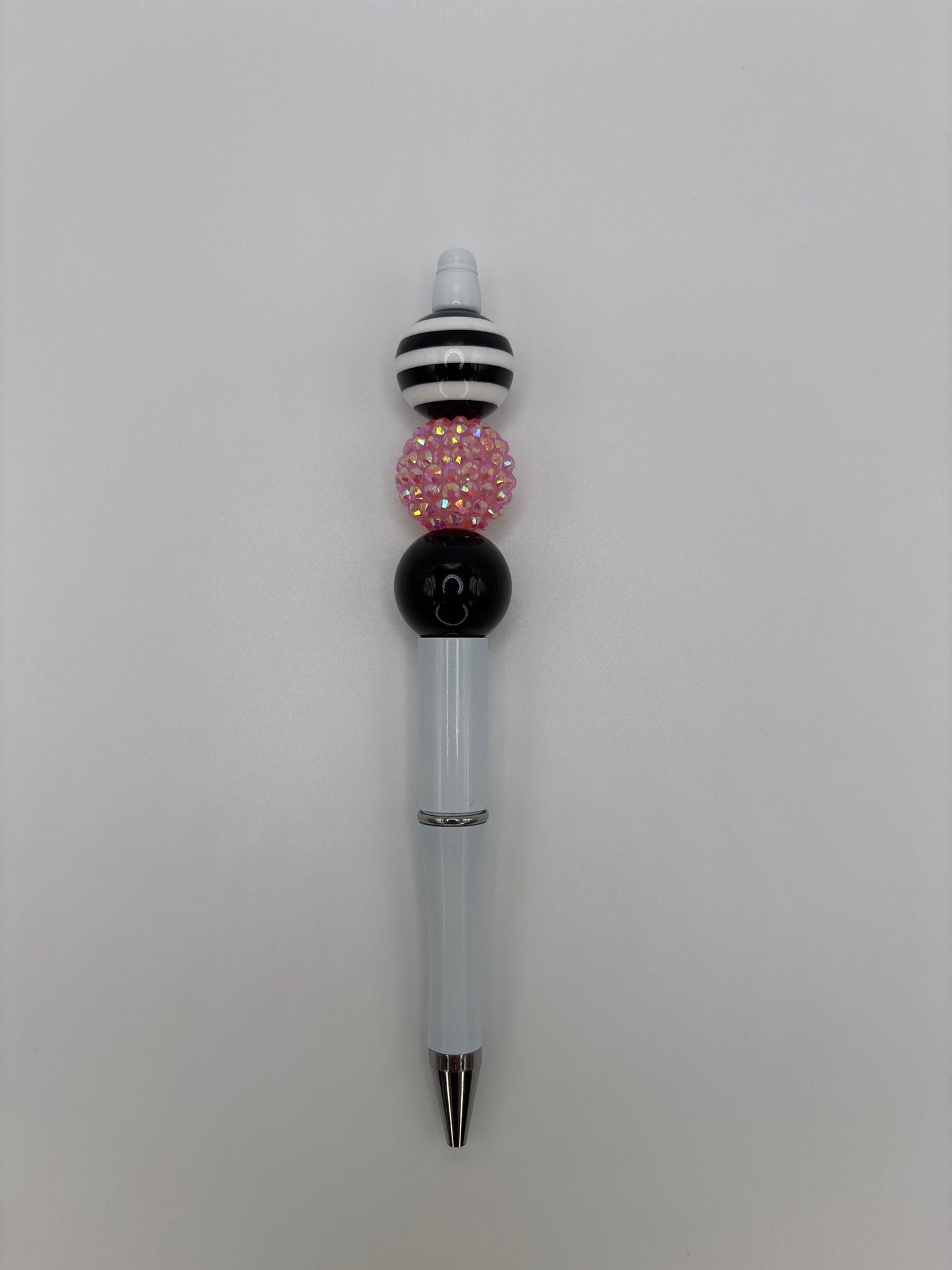 Black & White Striped Beaded Pen - Pink Sparkle Bead - Refillable White Barrel Pen