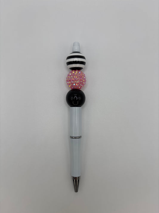 Black & White Striped Beaded Pen - Pink Sparkle Bead - Refillable White Barrel Pen