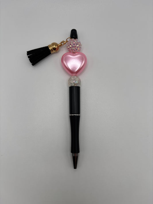 Black & Pink Heart Beaded Pen – Handmade Sparkle Pen with Tassel - Beads and Glimmer
